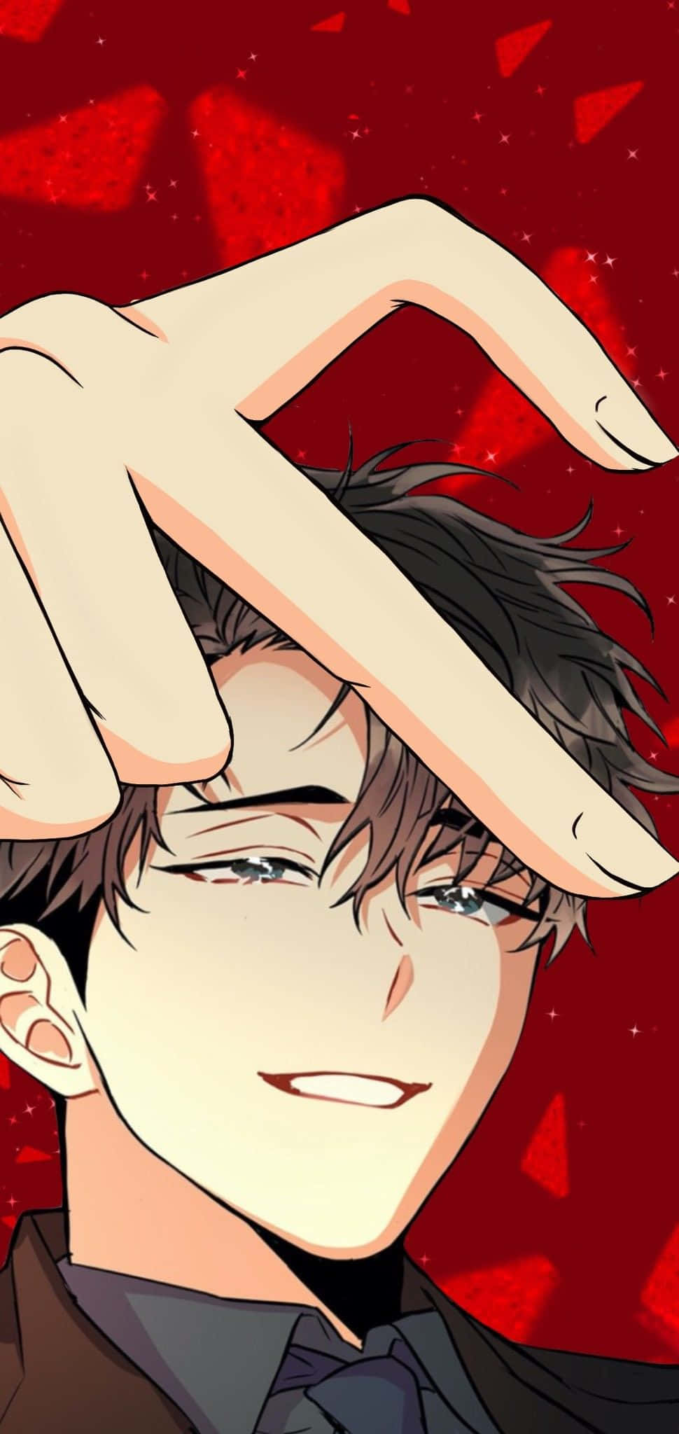anime man, dark hair, sparkling red background, Full HD Phone Wallpaper