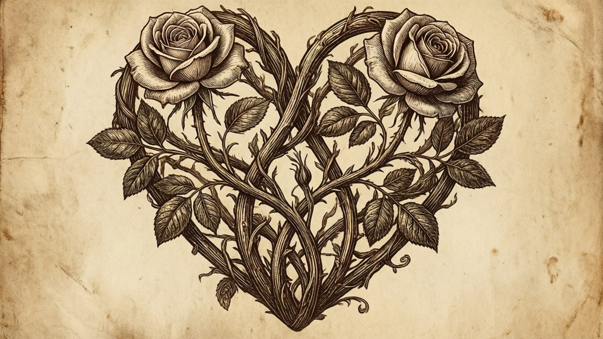 Botanical Heart Vine, half heart, rose vines, Full HD Desktop Wallpaper