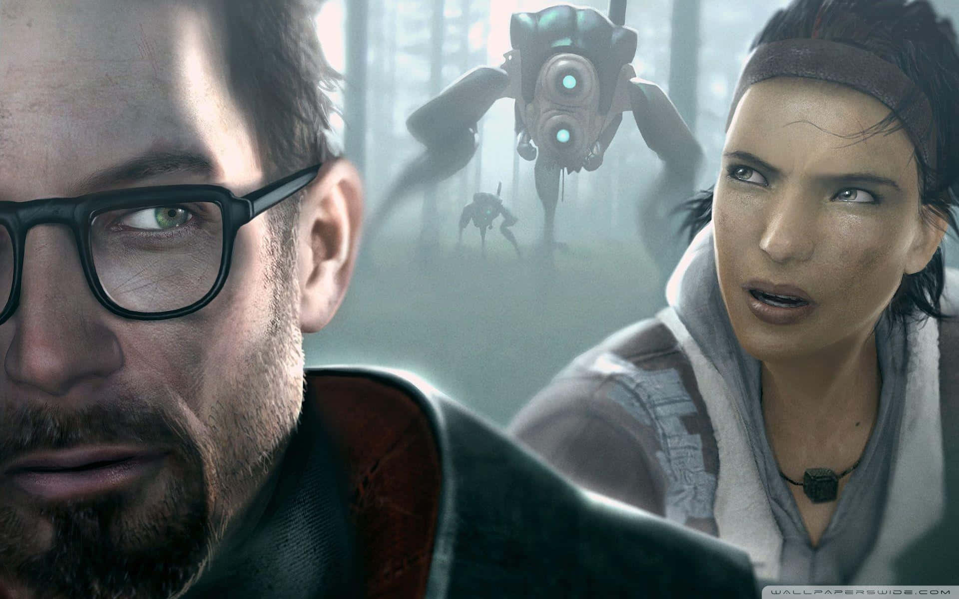 Half Life 2, glowing-eyed robotic enemies, misty forest, Full HD Desktop Wallpaper