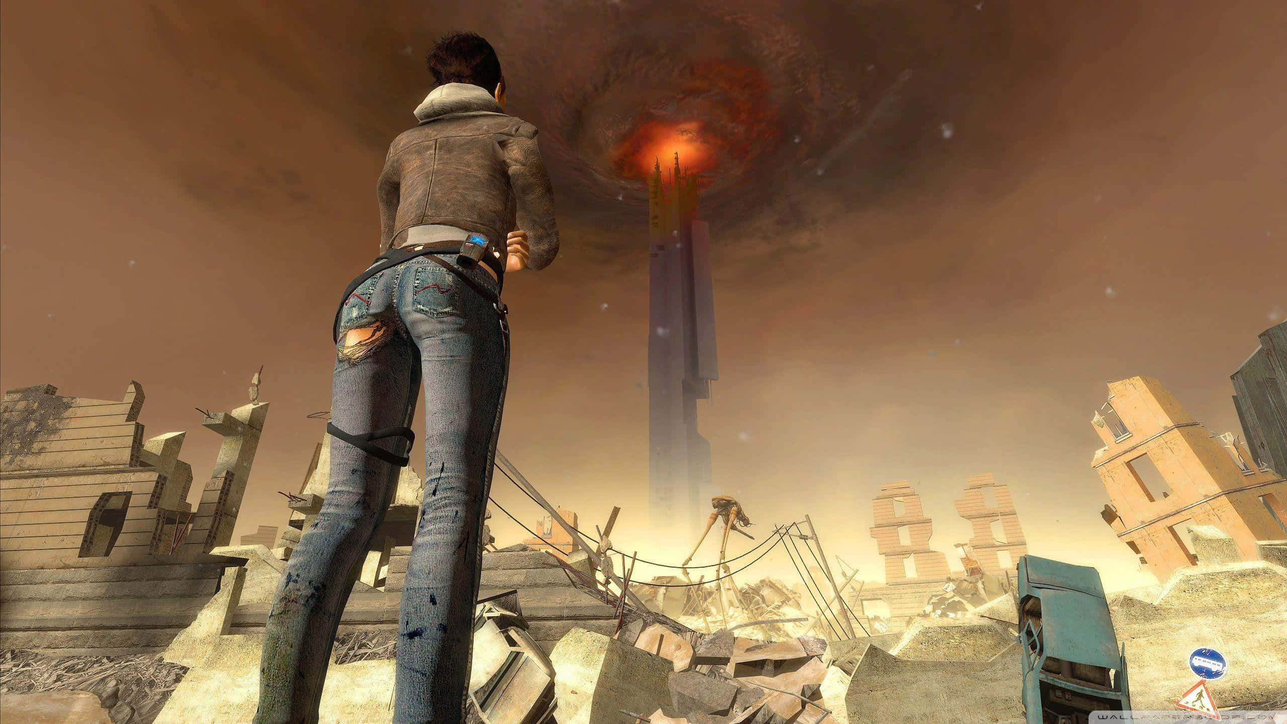 Half-Life 2, ruined cityscape, towering structure, 2K Desktop Wallpaper