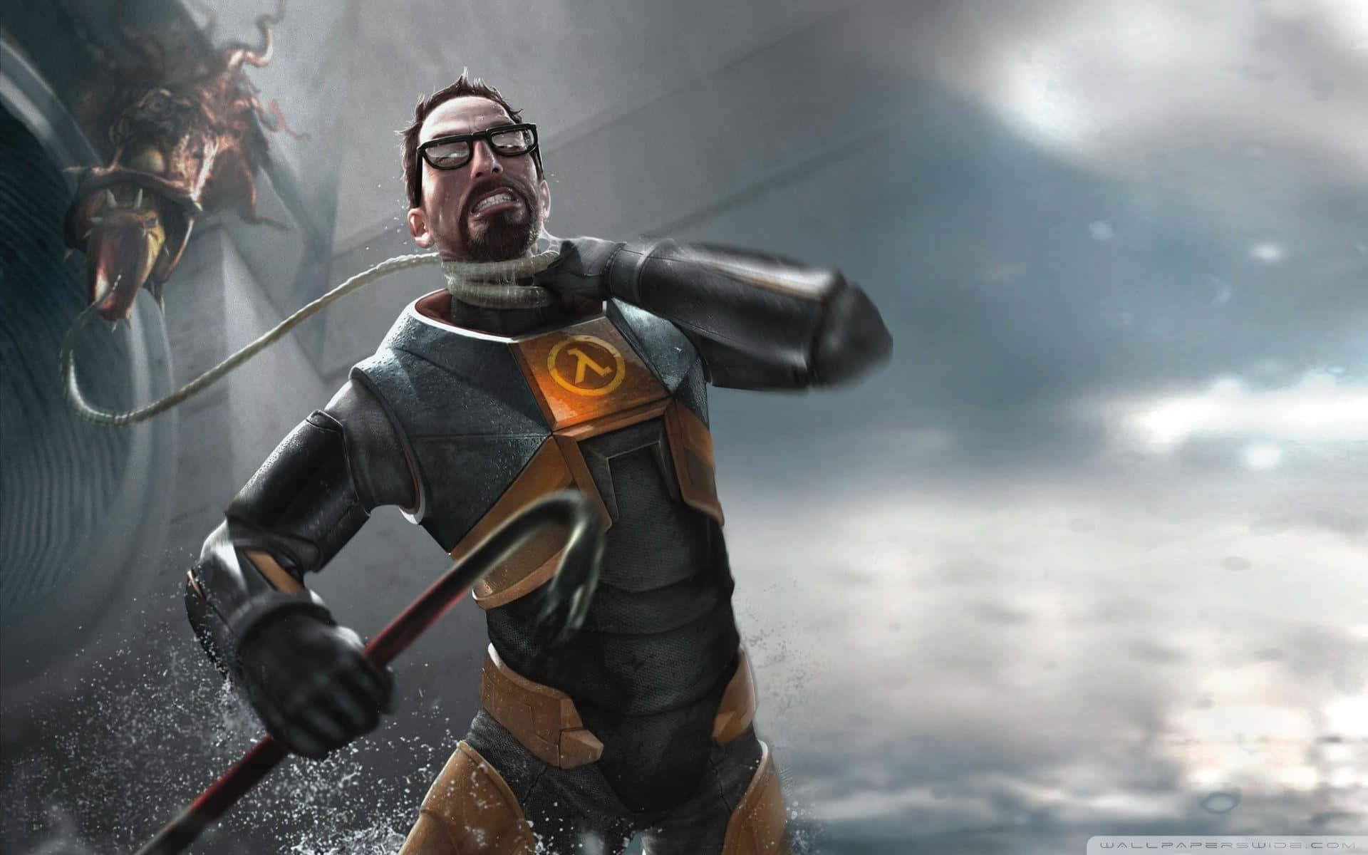 Half Life 2, black and orange suit, glowing lambda symbol, Full HD Desktop Wallpaper