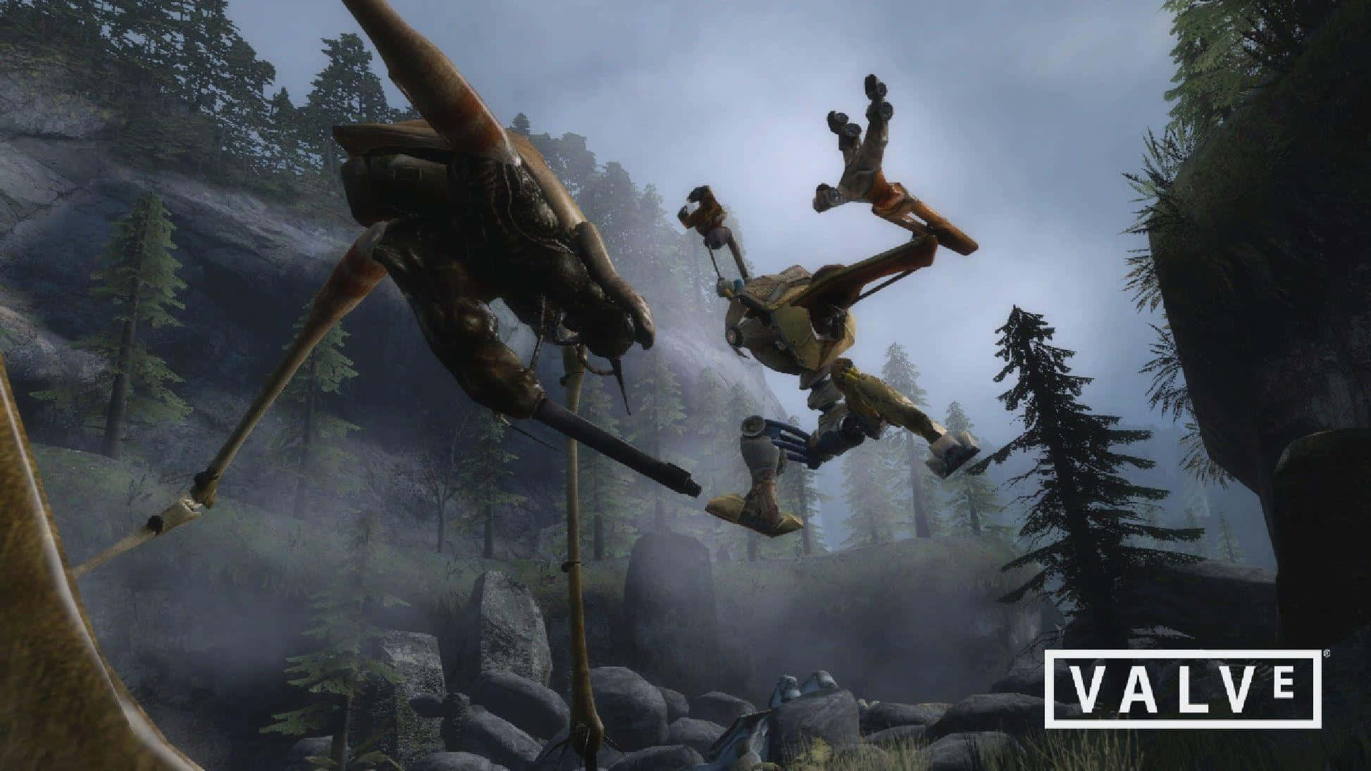 Half Life 2, robotic figures, misty forested canyon, Full HD Desktop Wallpaper