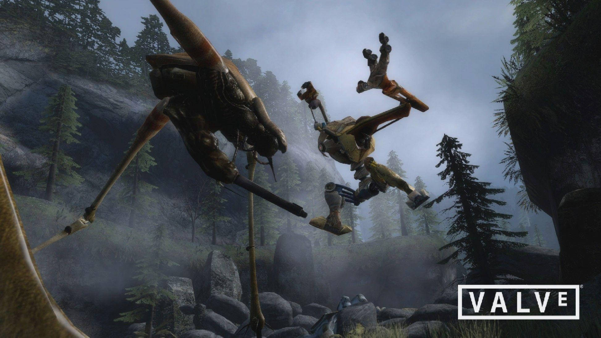 Half-Life, dog fighting robot, misty forest, Full HD Desktop Wallpaper