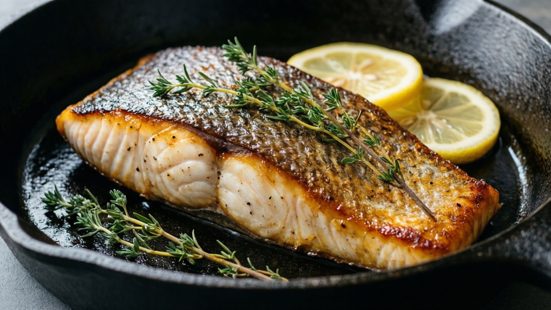 halibut, cast iron skillet, golden seared, Full HD Desktop Wallpaper