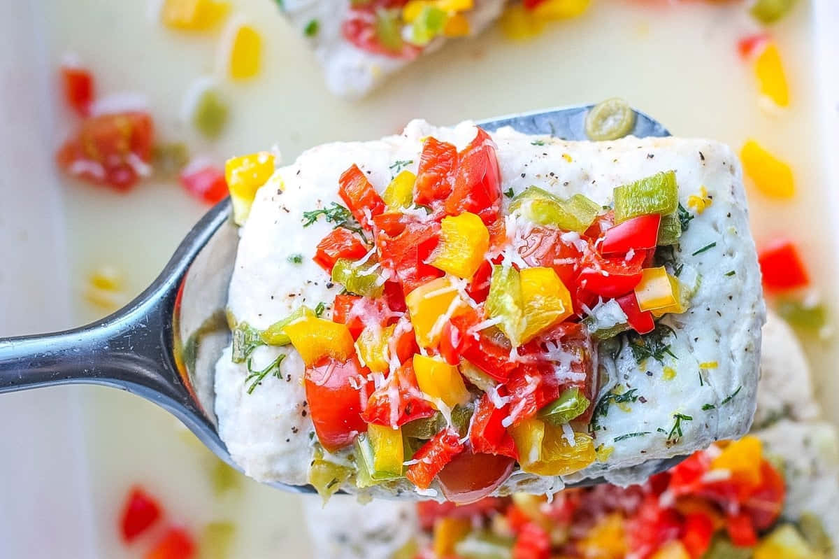 halibut steak, vegetable topping, red bell peppers, SD Desktop Wallpaper