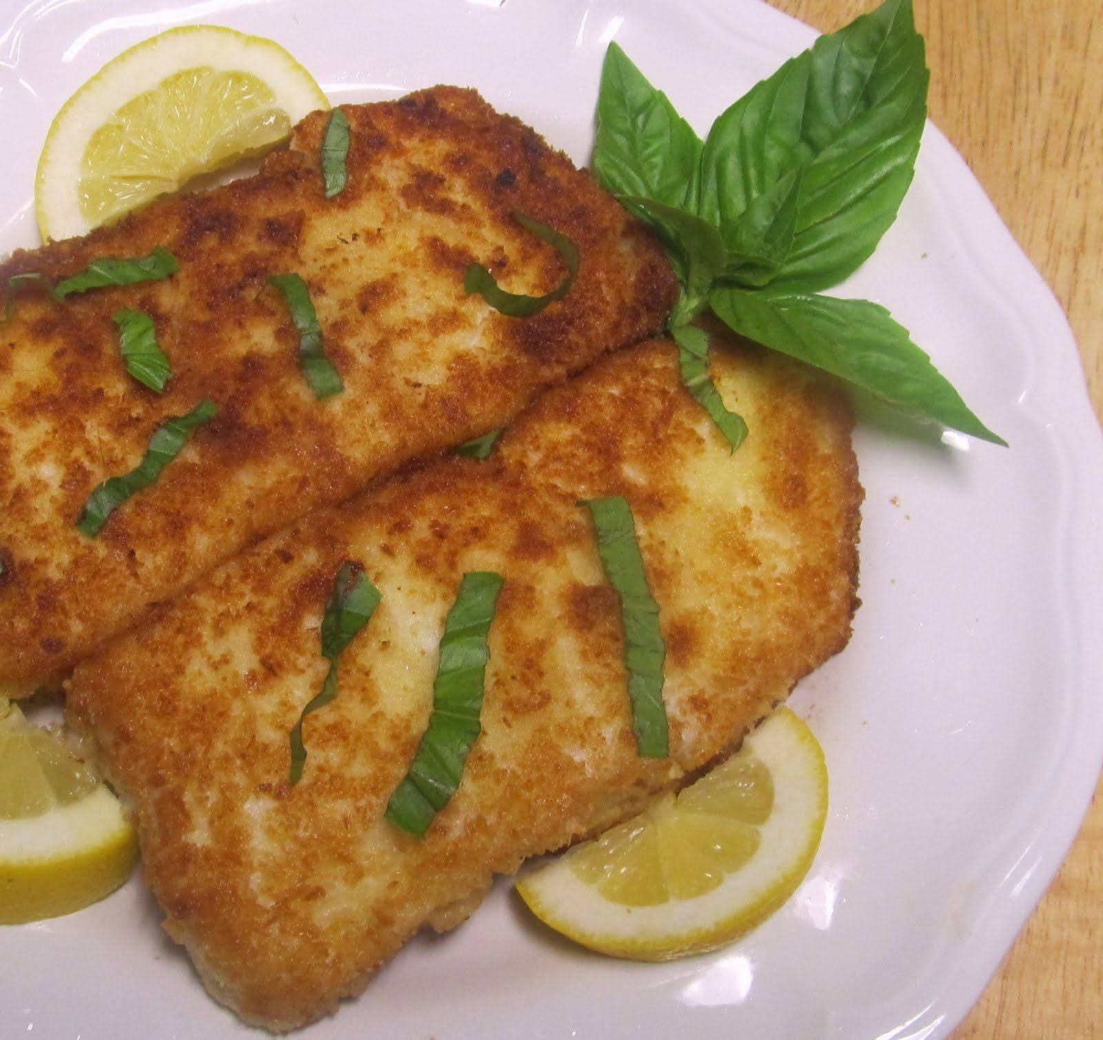 fried halibut fillet, golden-brown breaded fish fillets, fresh basil, HD Desktop Wallpaper