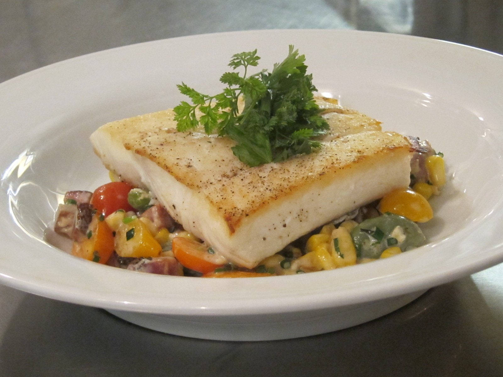 halibut, corn, tomatoes, HD Desktop Wallpaper