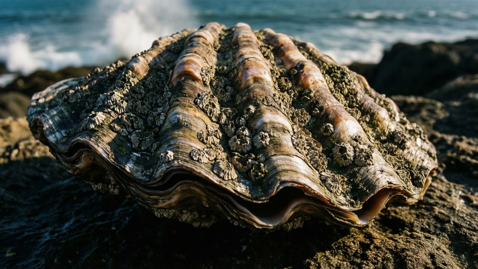 abalone shell exterior, rocky shore, barnacles, Full HD Desktop Wallpaper