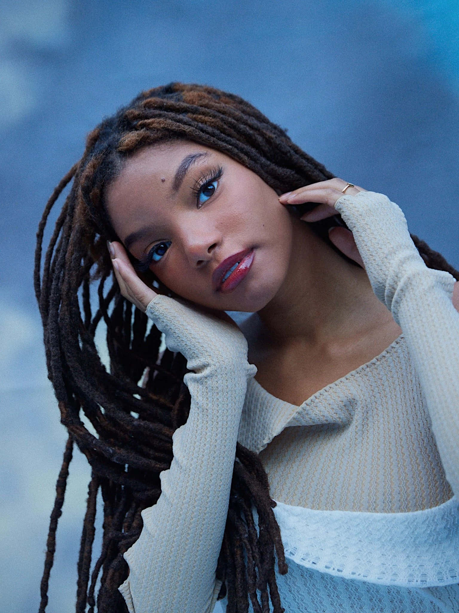 Halle Bailey, blue backdrop, long dark dreadlocks, Full HD Phone Wallpaper