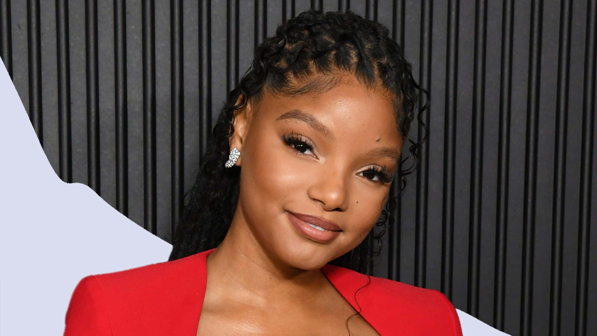 Halle Bailey, red dress, black vertical-striped backdrop, Full HD Desktop Wallpaper