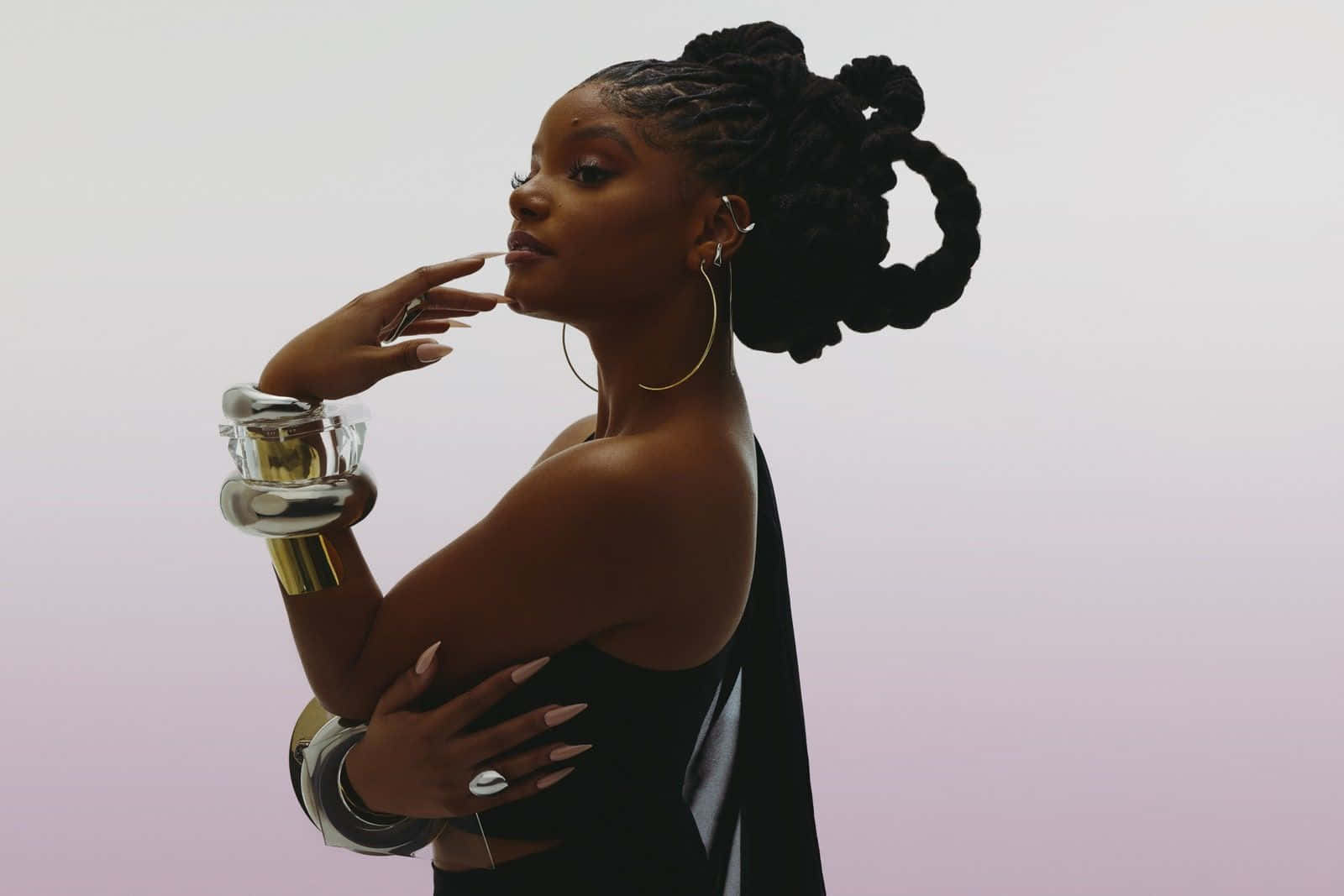 Halle Bailey, intricate braided hair, gold hoop earrings, HD Desktop Wallpaper