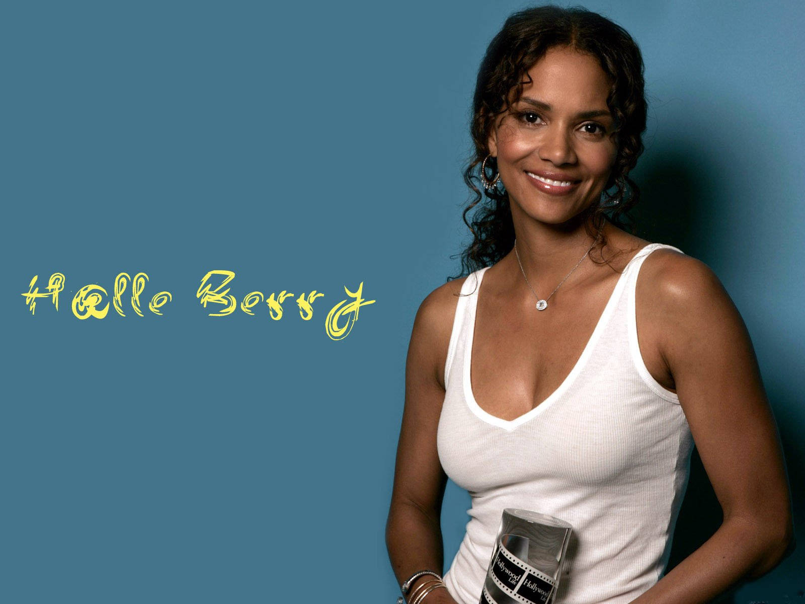 Halle Berry, white tank top, solid blue background, HD Desktop Wallpaper