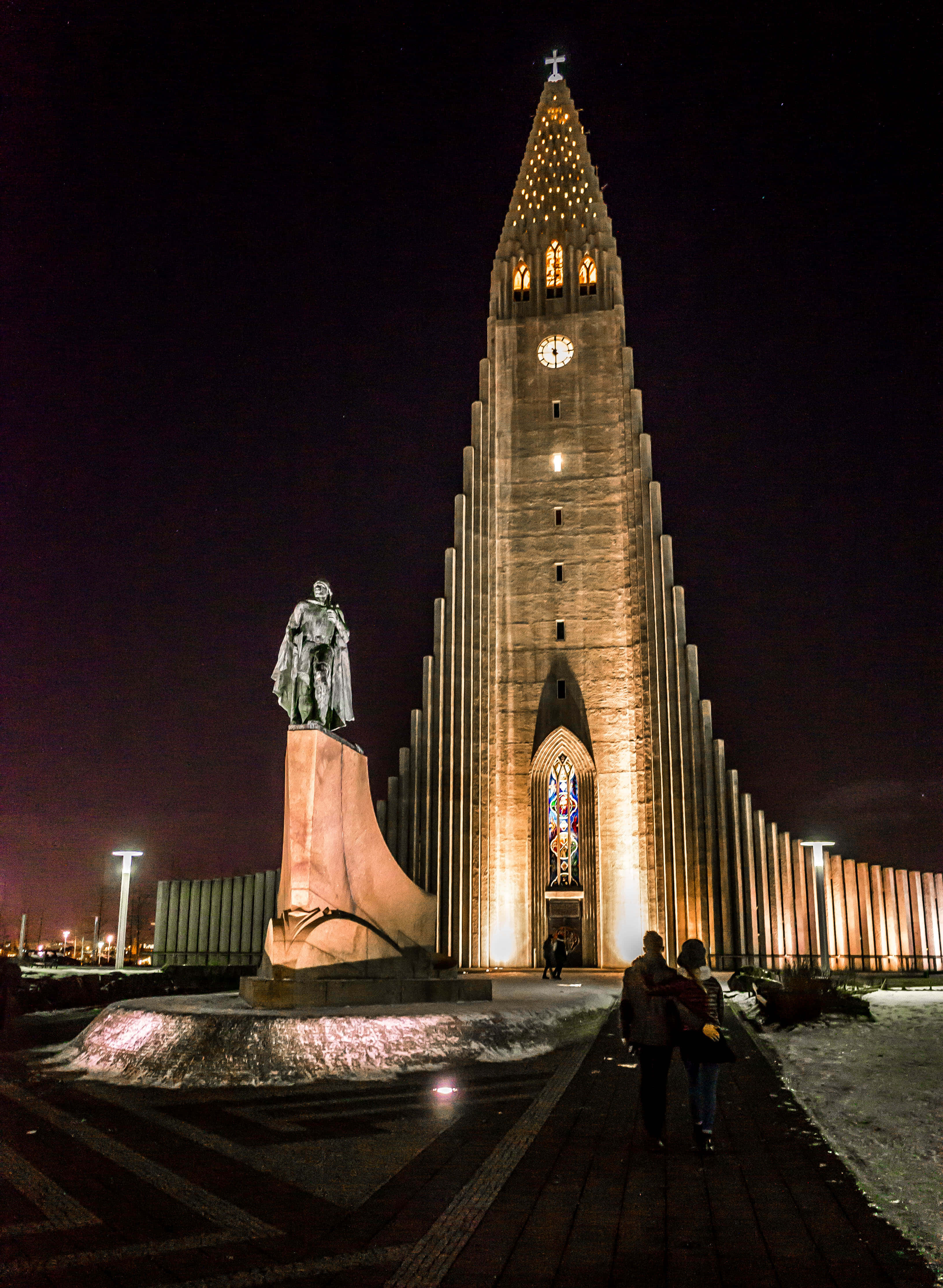 Hallgrimskirkja, glowing spire, statue, 4K Phone Wallpaper