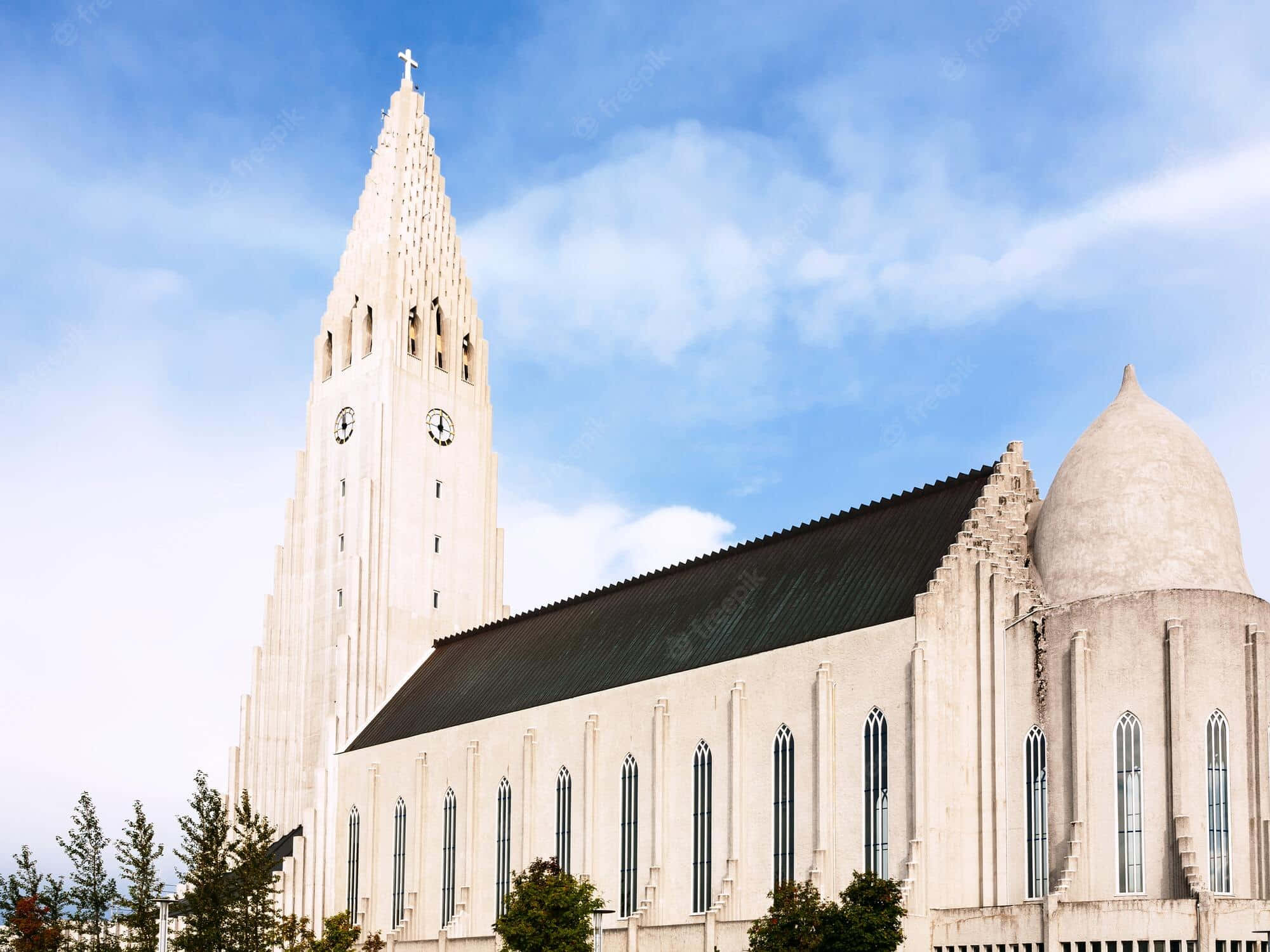 Hallgrimskirkja, white church, tall spire, Full HD Desktop Wallpaper