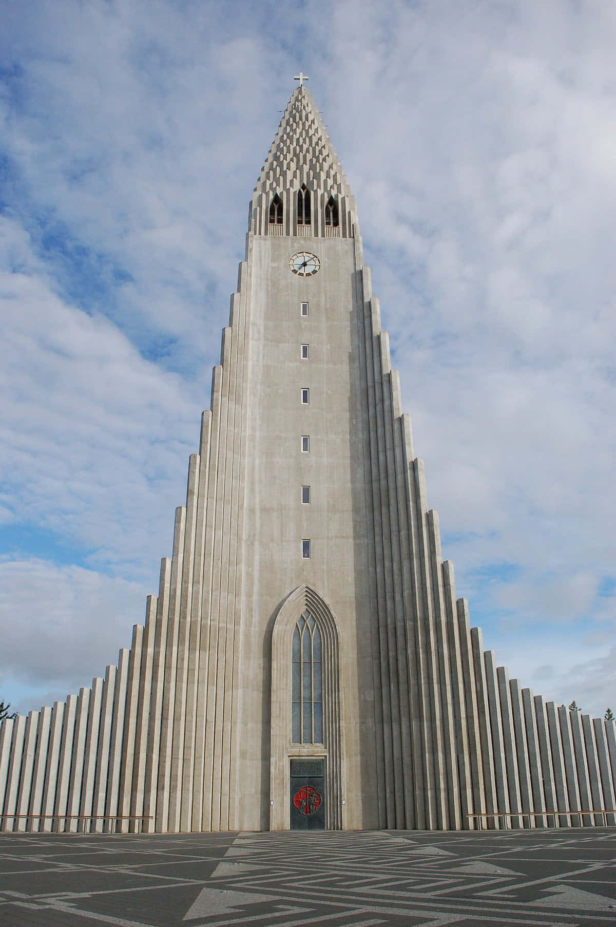 Hallgrimskirkja, geometric concrete facade, clock tower, HD Phone Wallpaper