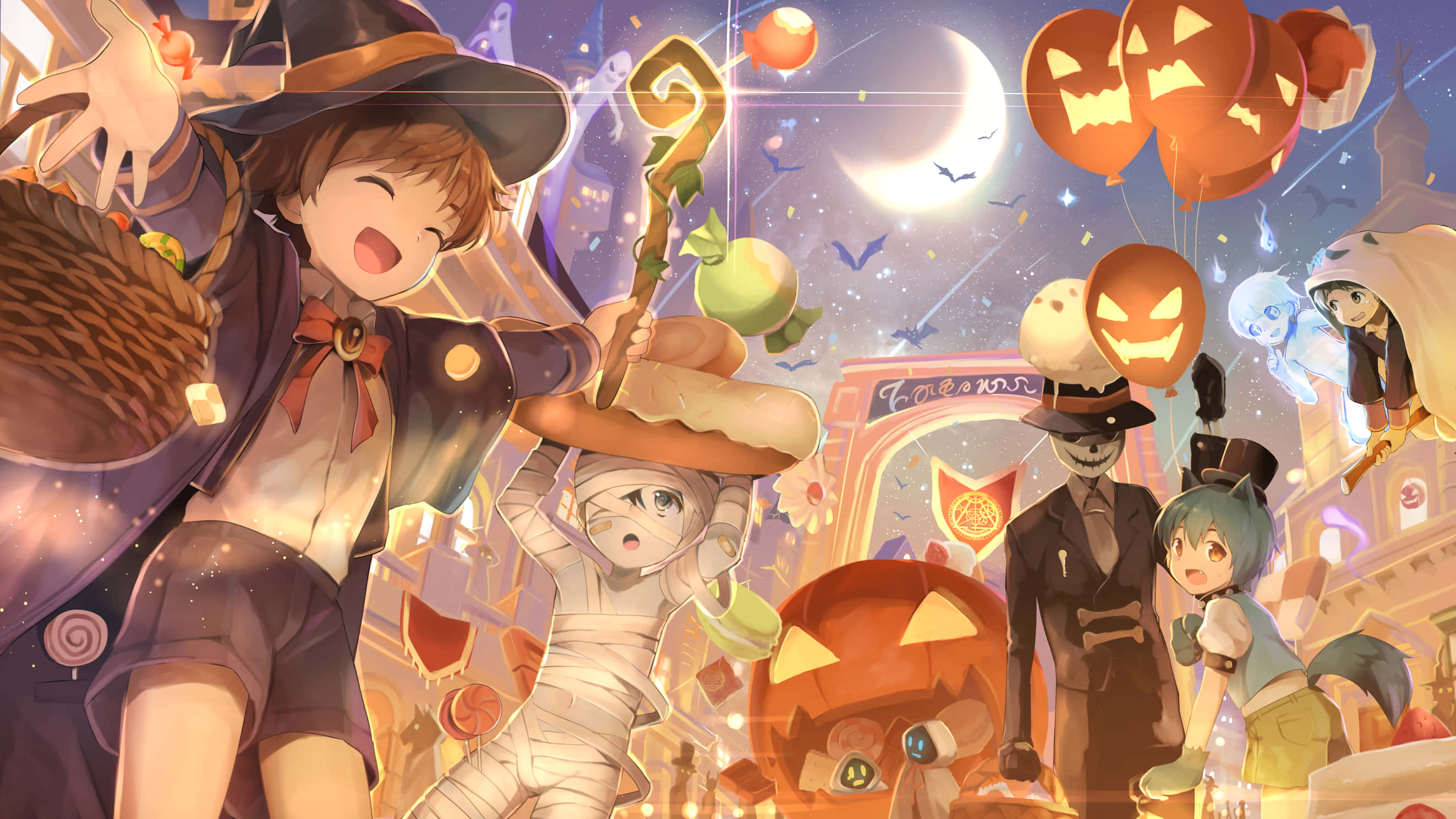 Halloween Aesthetic Girl, witch costume, glowing jack-o-lanterns, 2K Desktop Wallpaper