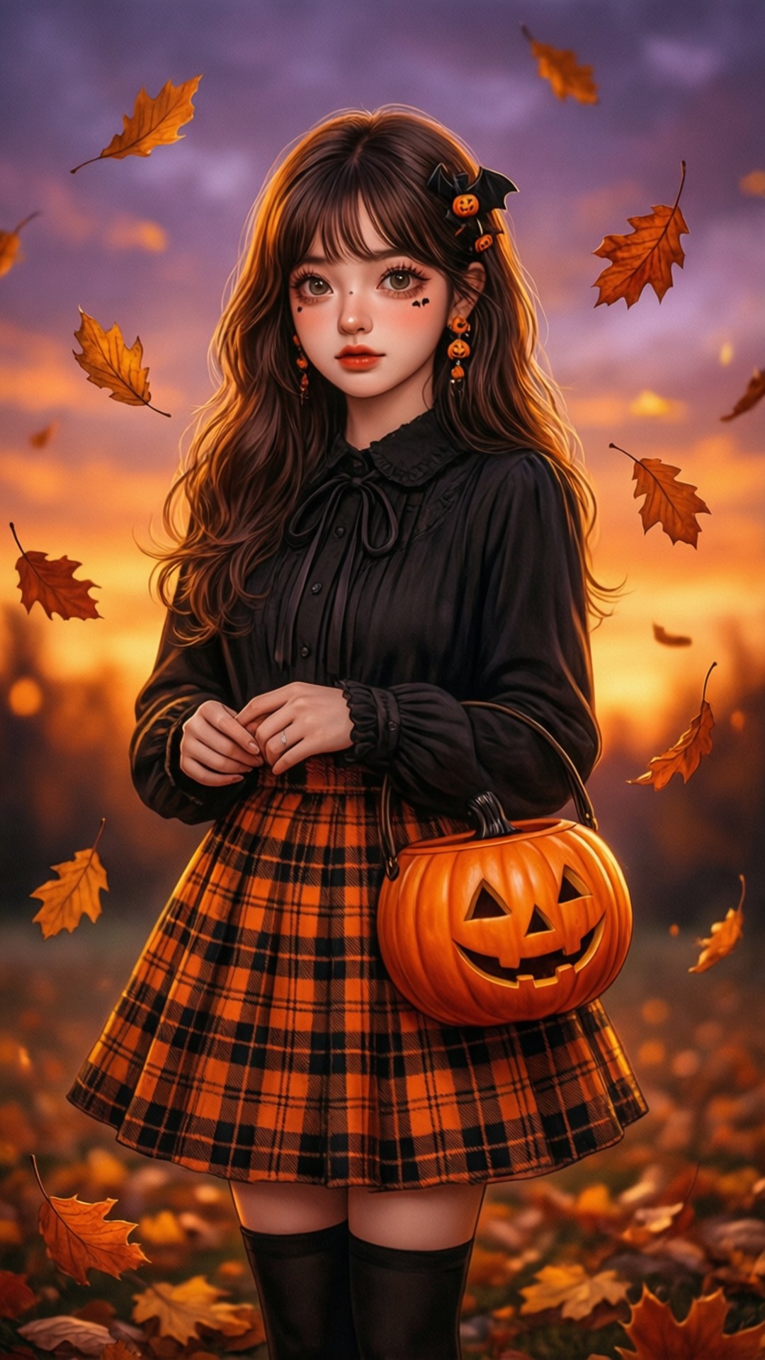 Halloween girl, jack-o-lantern basket, autumn leaves, Full HD Phone Wallpaper