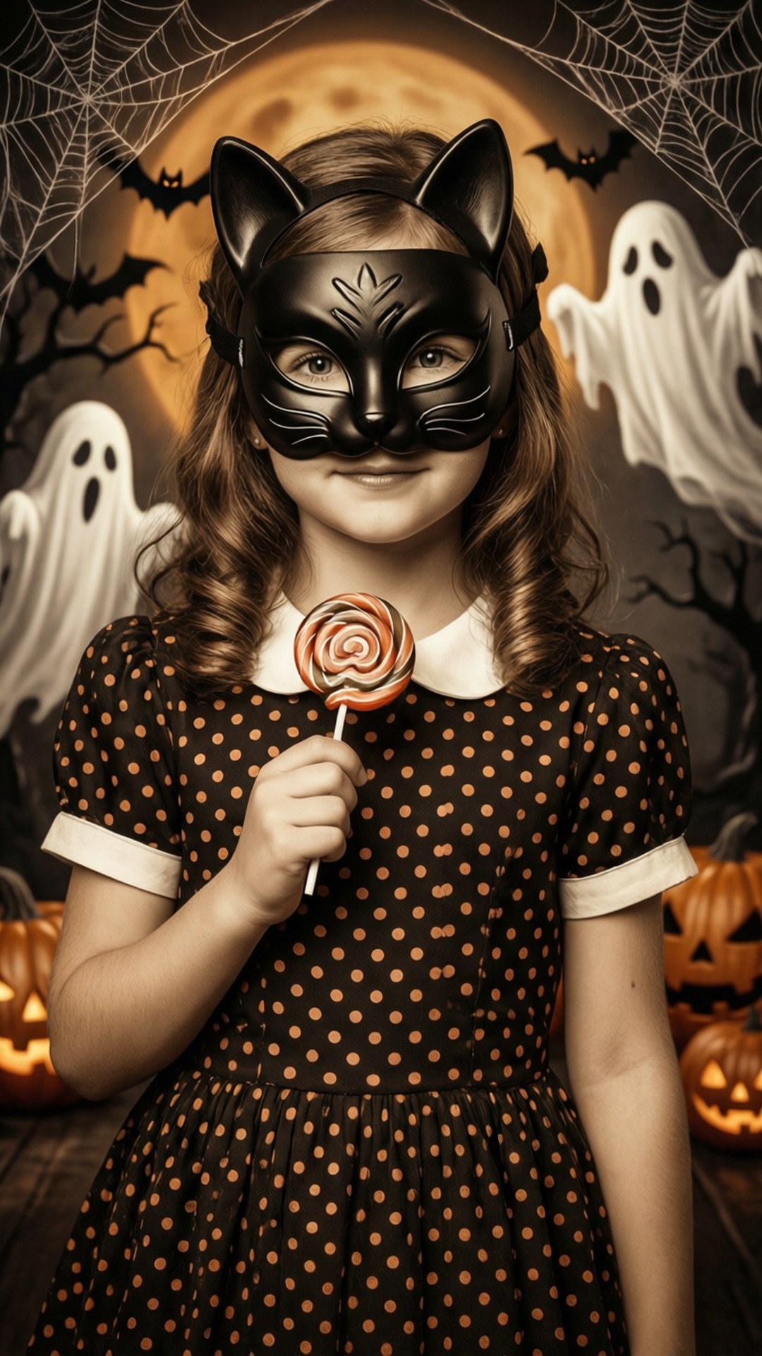 black cat mask, polka dot dress, lollipop, Full HD Phone Wallpaper