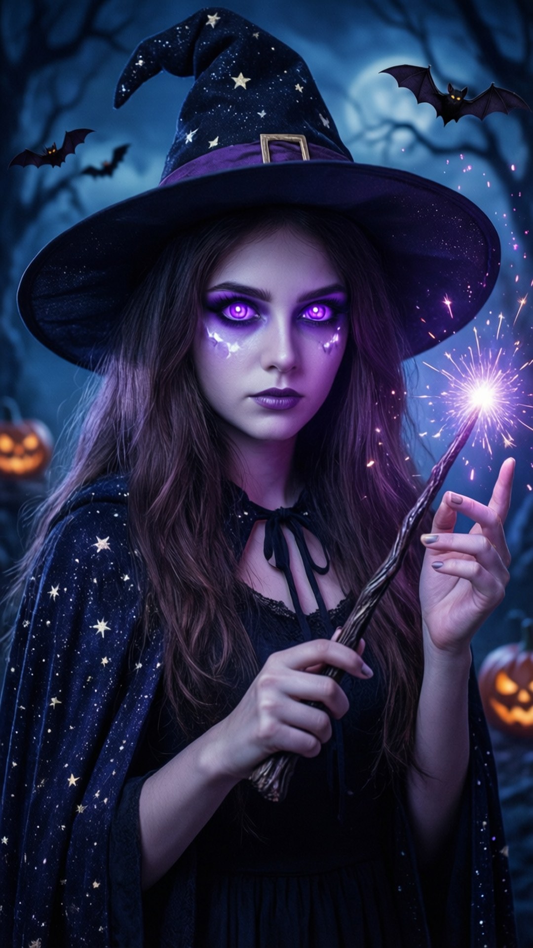 glowing purple eyes, starry hat, sparkly wand, Full HD Phone Wallpaper