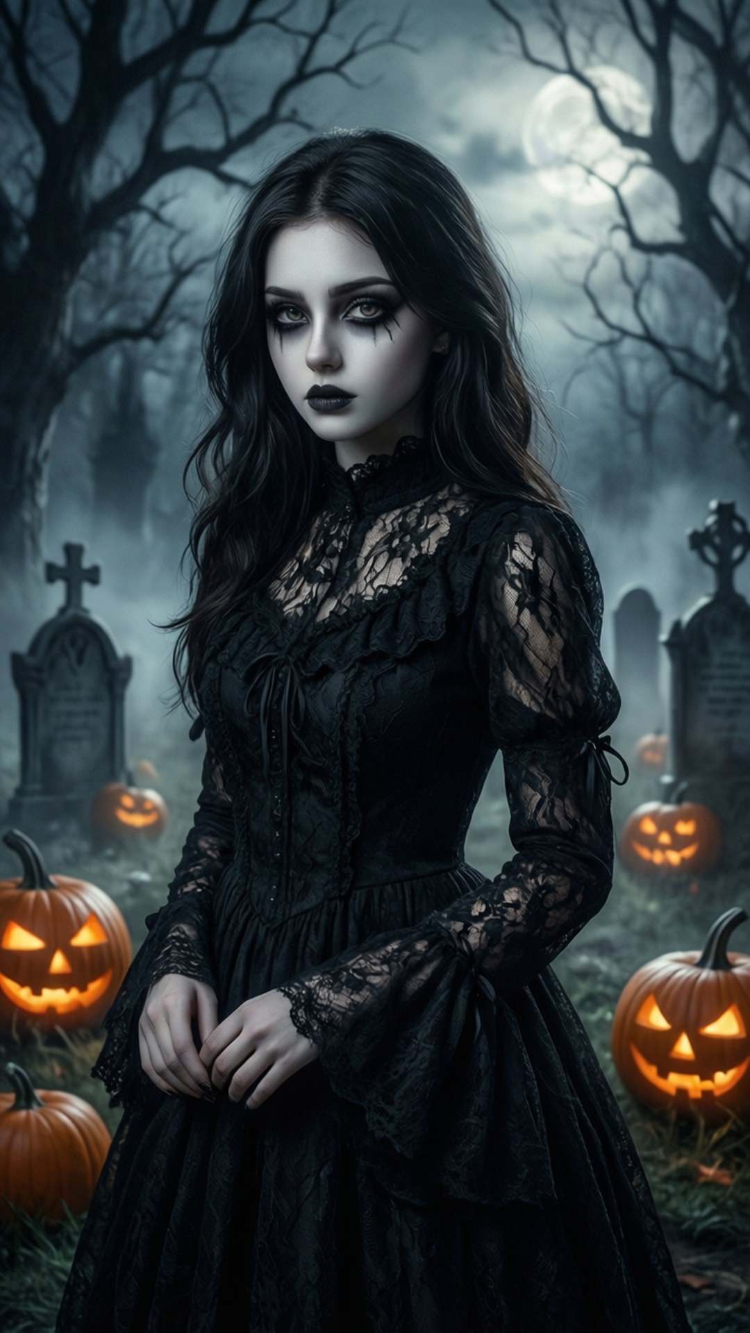Gothic Graveyard Beauty, Halloween aesthetic girl, foggy graveyard, Full HD Phone Wallpaper