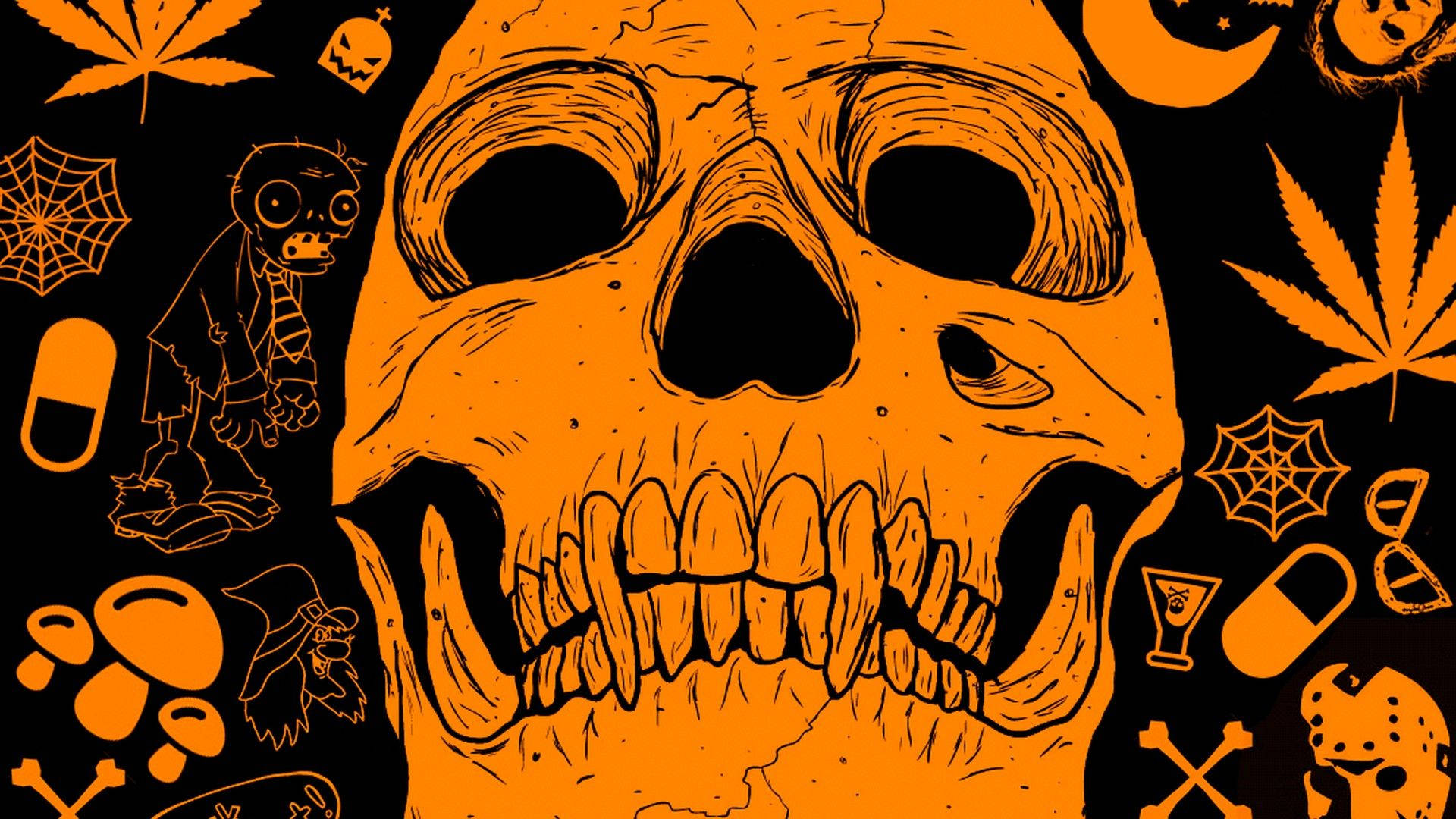 Halloween Aesthetic Pc, orange skull, black background, Full HD Desktop Wallpaper