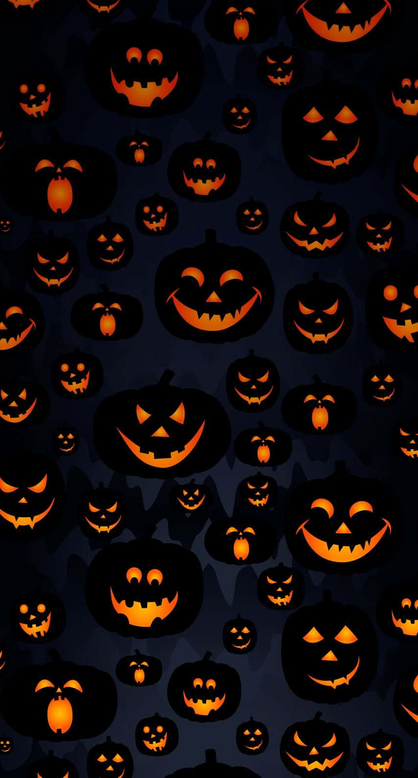 glowing orange jack-o'-lanterns, varied grins and expressions, dark blue background, HD Phone Wallpaper
