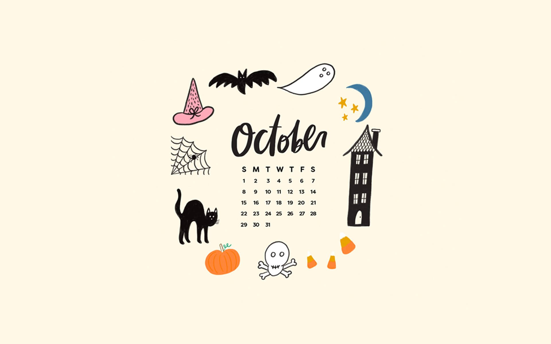 Halloween Aesthetic Pc, October calendar, witch hat, Full HD Desktop Wallpaper