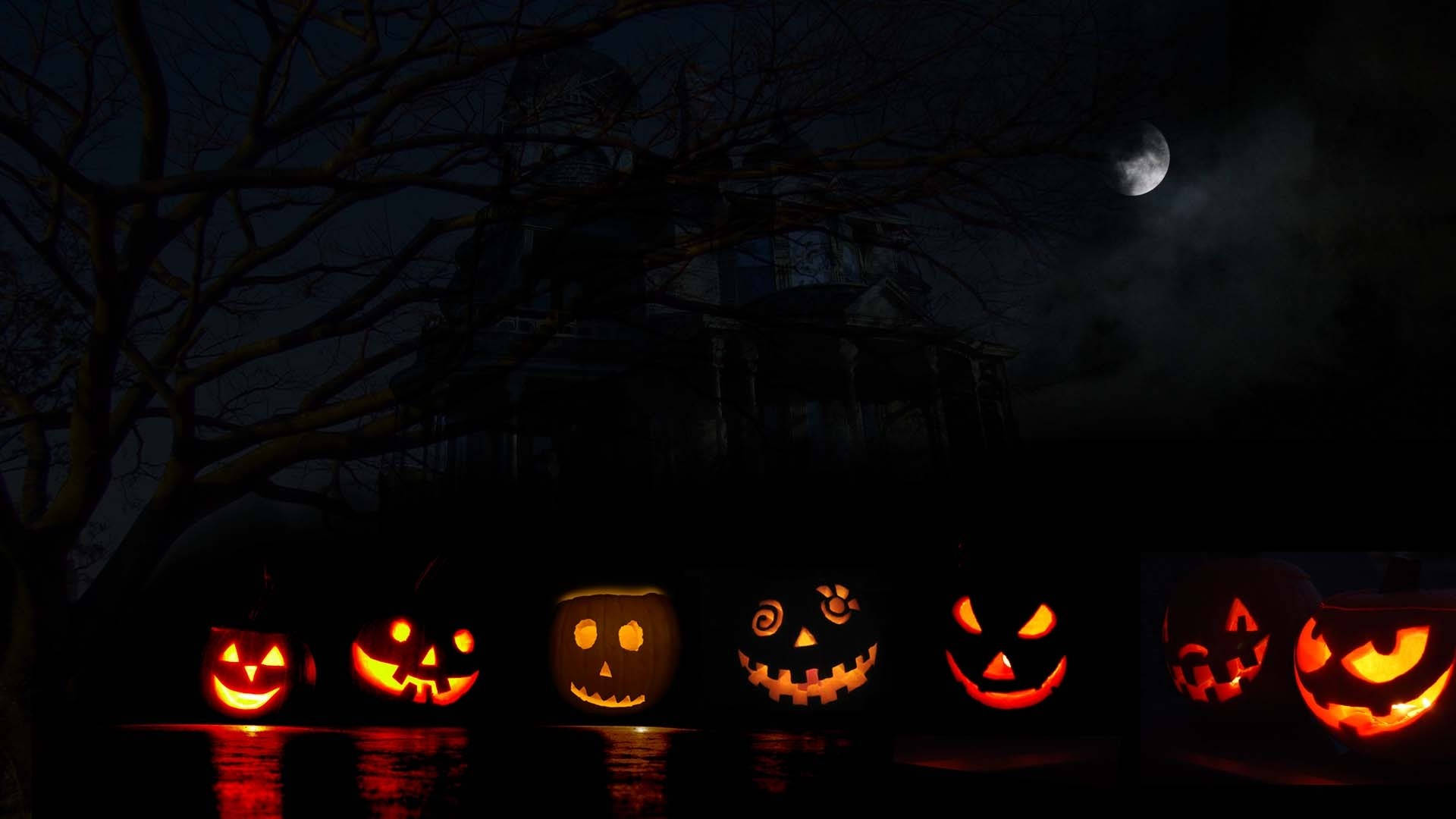 Halloween Aesthetic Pc, jack-o'-lanterns, moonlit sky, Full HD Desktop Wallpaper