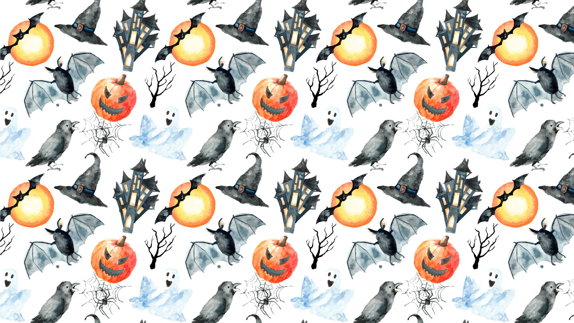 Halloween Aesthetic Pc, watercolor Halloween pattern, pumpkins, Full HD Desktop Wallpaper