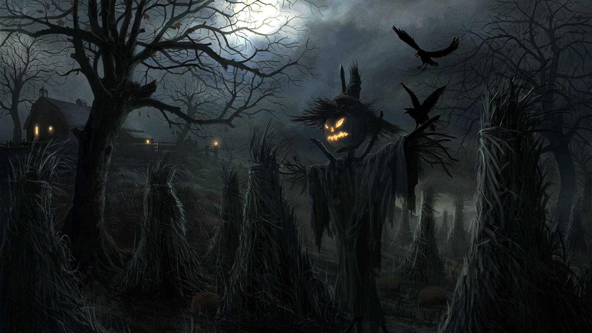 scarecrow, glowing jack-o-lantern head, misty haunted field, Full HD Desktop Wallpaper