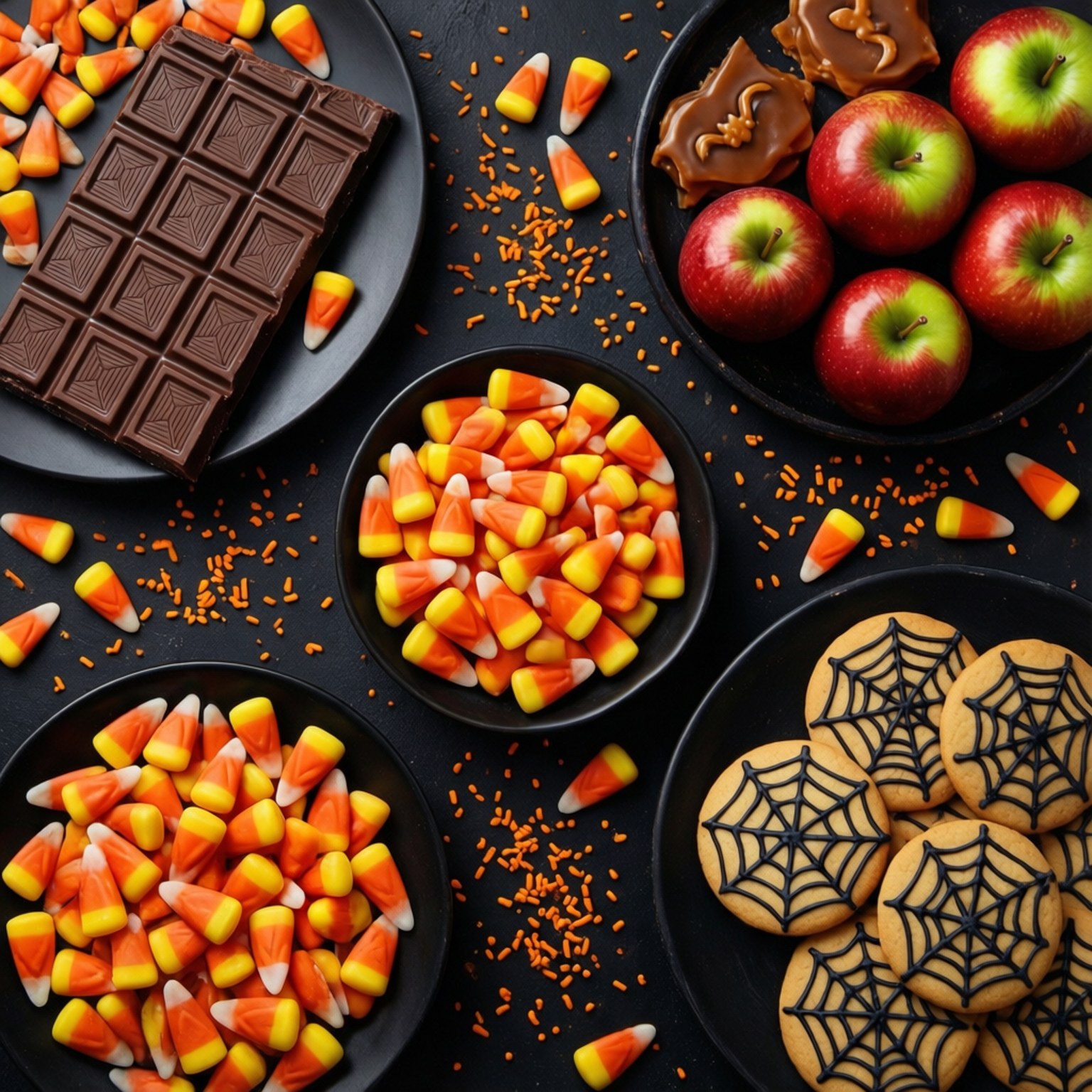 Halloween Treats Flat Lay, candy corn, chocolate bar, HD Desktop Wallpaper