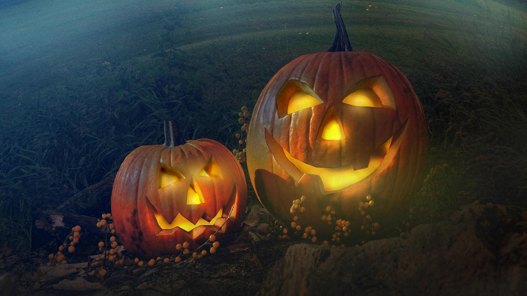 laughing pumpkins, jack-o'-lanterns, glowing, Full HD Desktop Wallpaper