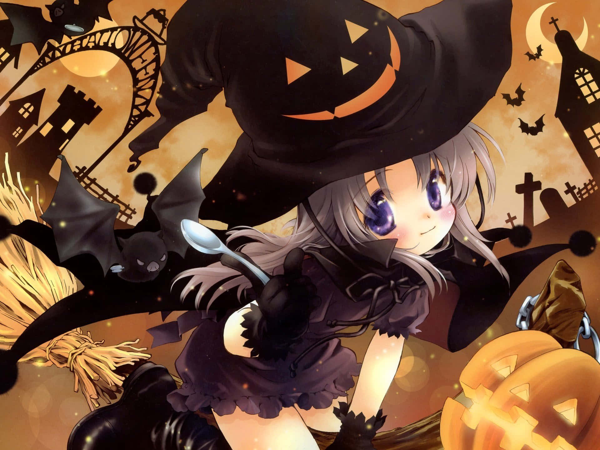 Halloween Anime Girl, silver hair, purple eyes, Full HD Desktop Wallpaper