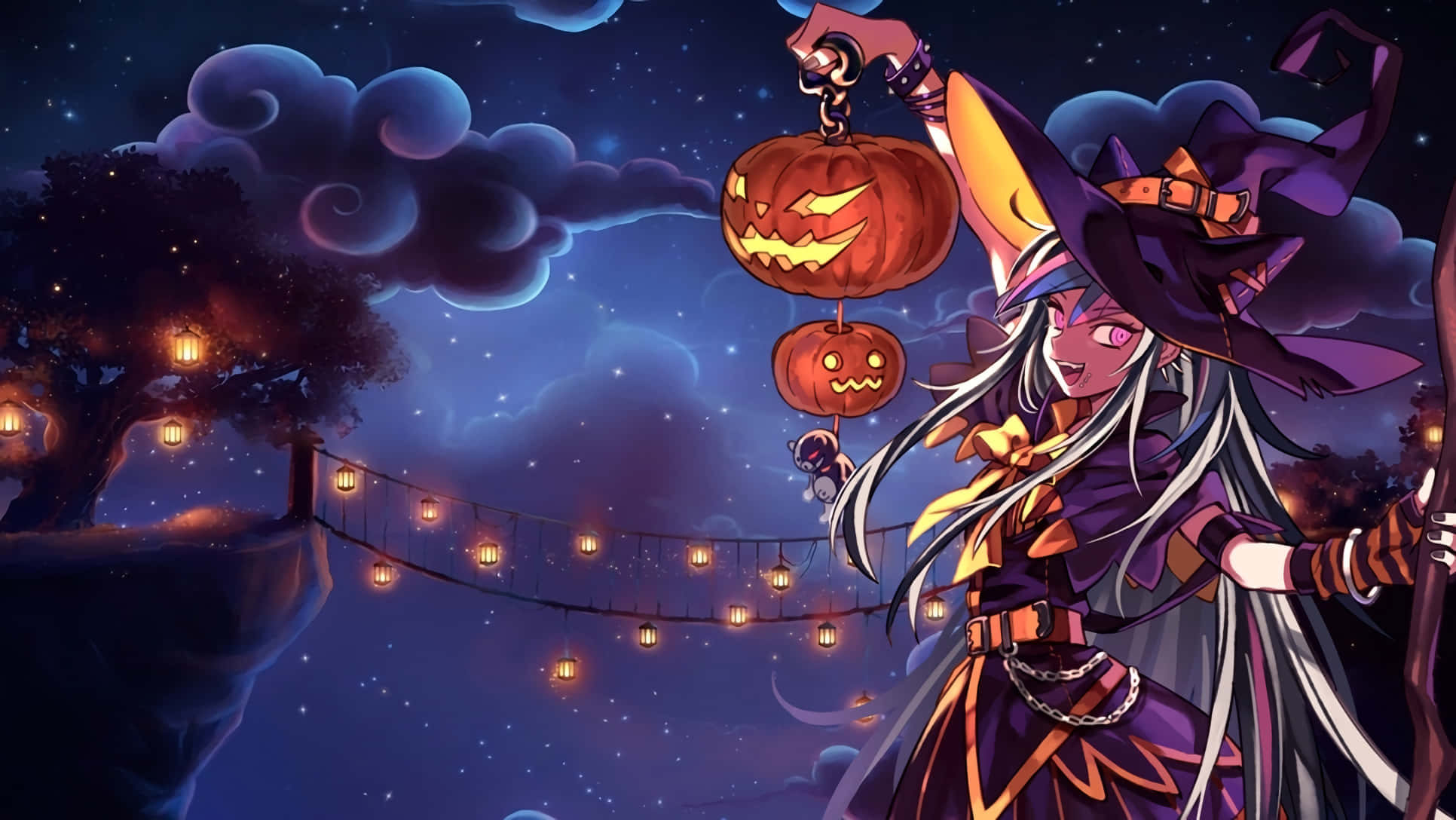 Halloween Anime Girl, anime witch, long silver hair, Full HD Desktop Wallpaper