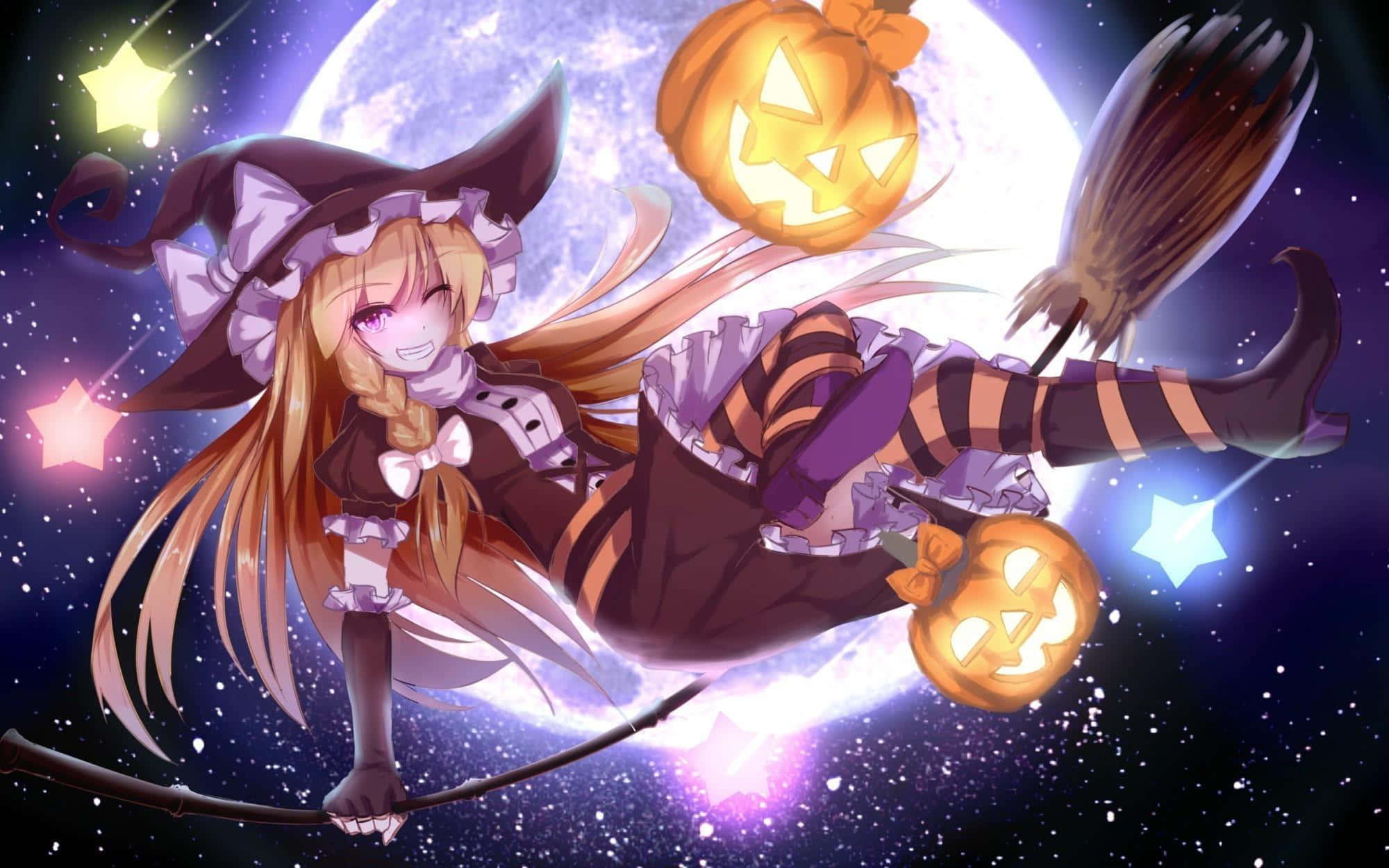 Halloween Anime Girl, anime witch, long blonde hair, Full HD Desktop Wallpaper