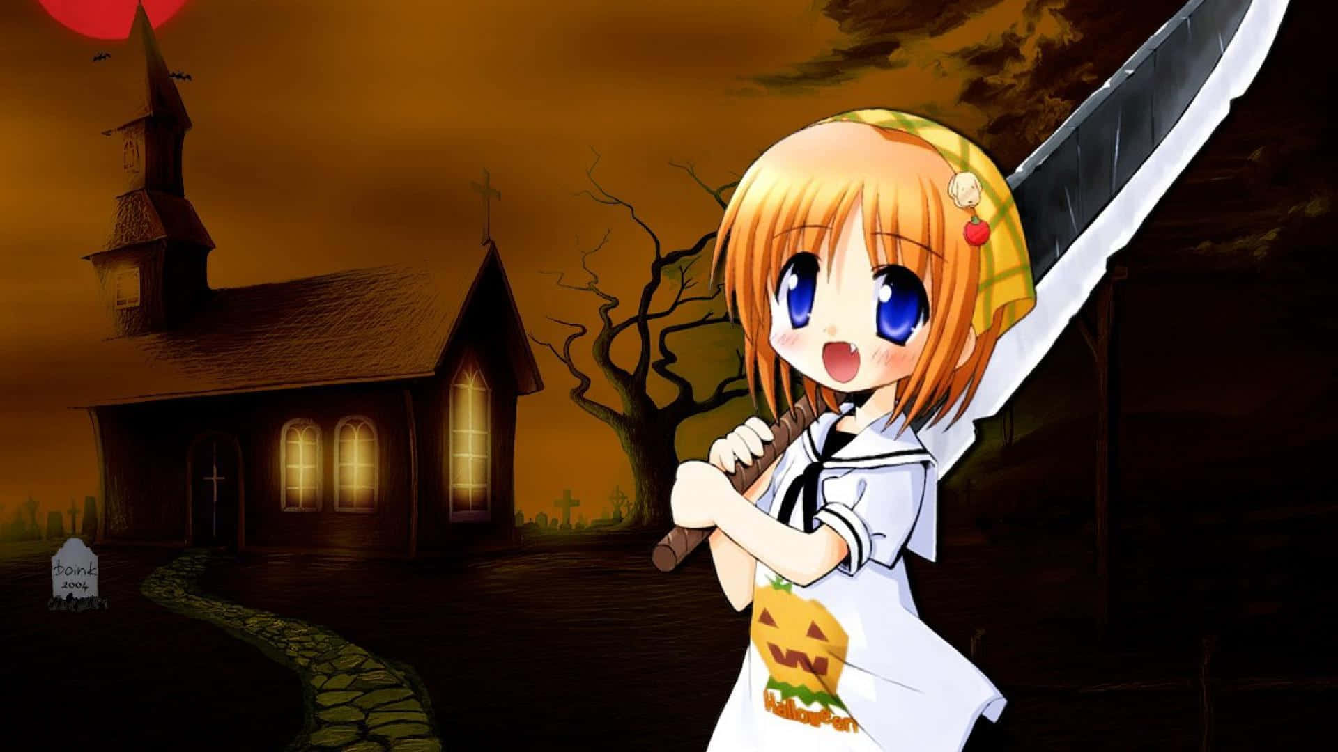 Halloween Anime Girl, spooky church, orange twilight sky, Full HD Desktop Wallpaper