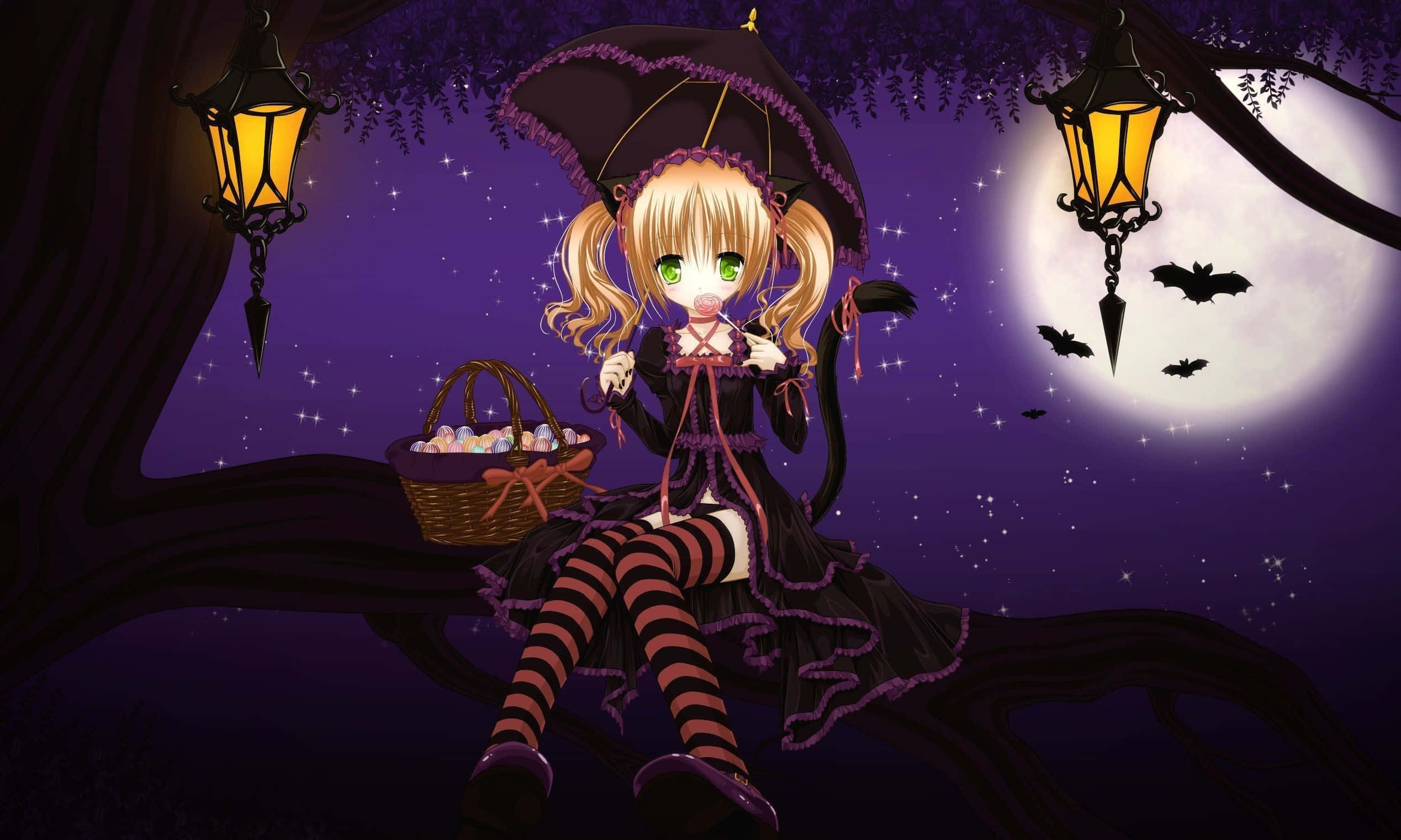 Halloween Anime Girl, green eyes, full moon, Full HD Desktop Wallpaper