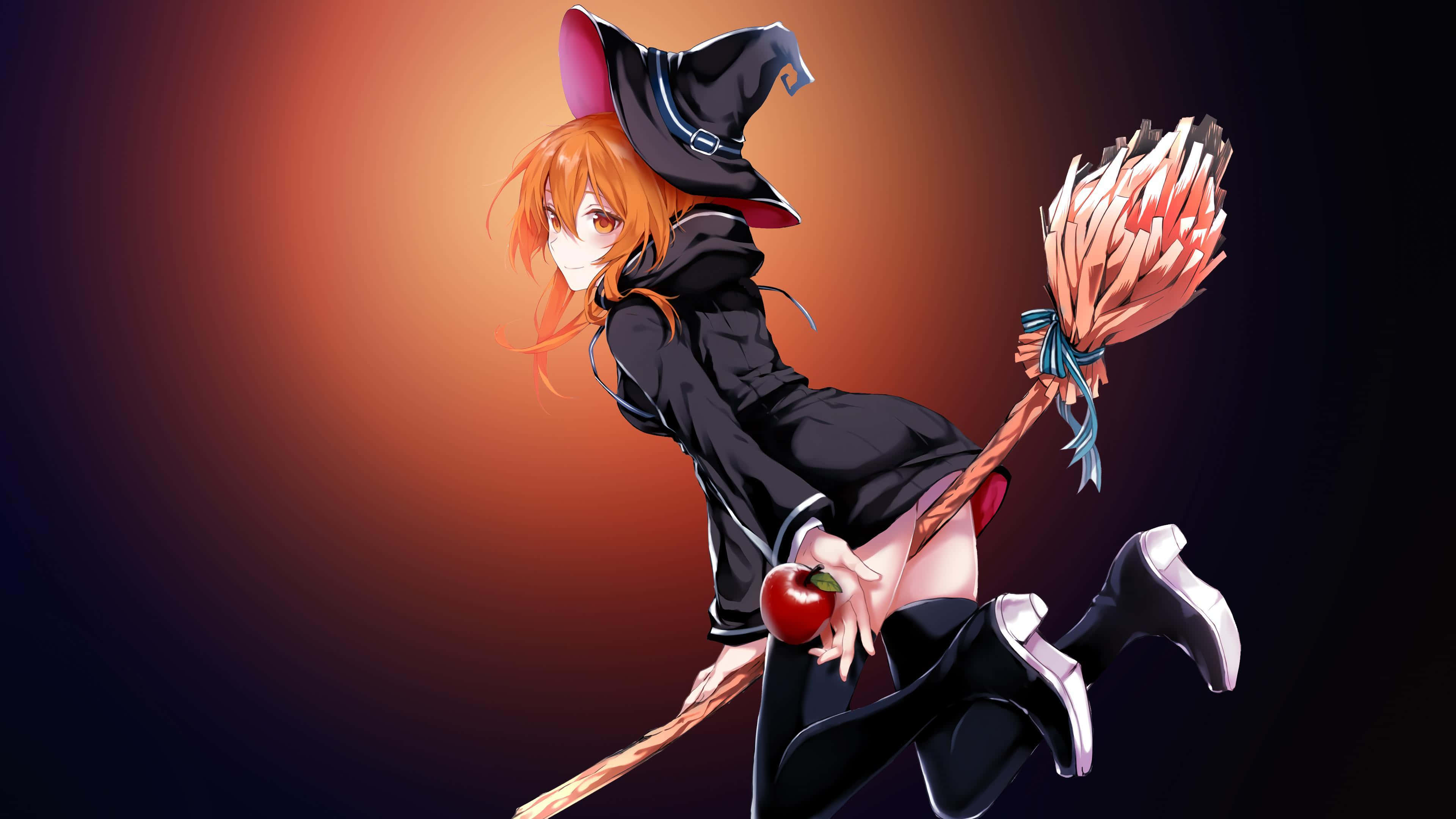 halloween anime girl, witchy anime girl, orange hair, 4K Desktop Wallpaper
