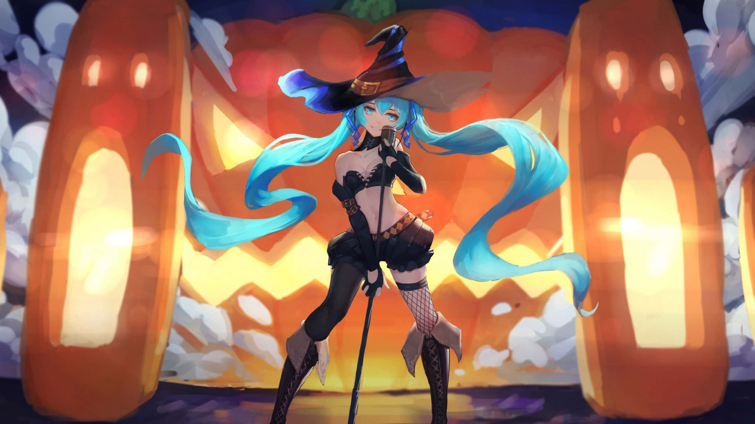 Halloween Anime Girl, blue-haired anime witch, black outfit, 2K Desktop Wallpaper