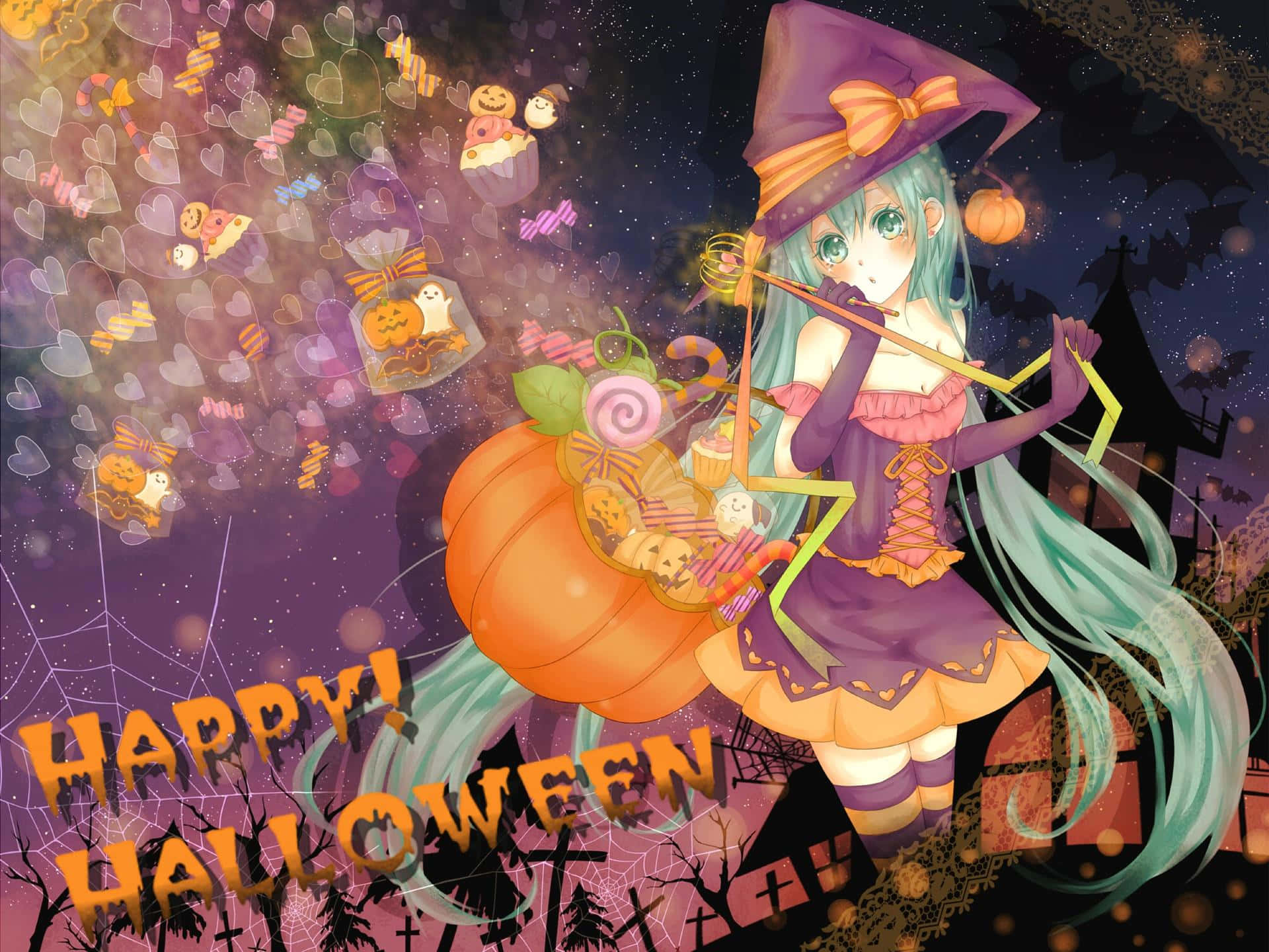Halloween Anime Girl, teal hair, starry purple night sky, Full HD Desktop Wallpaper