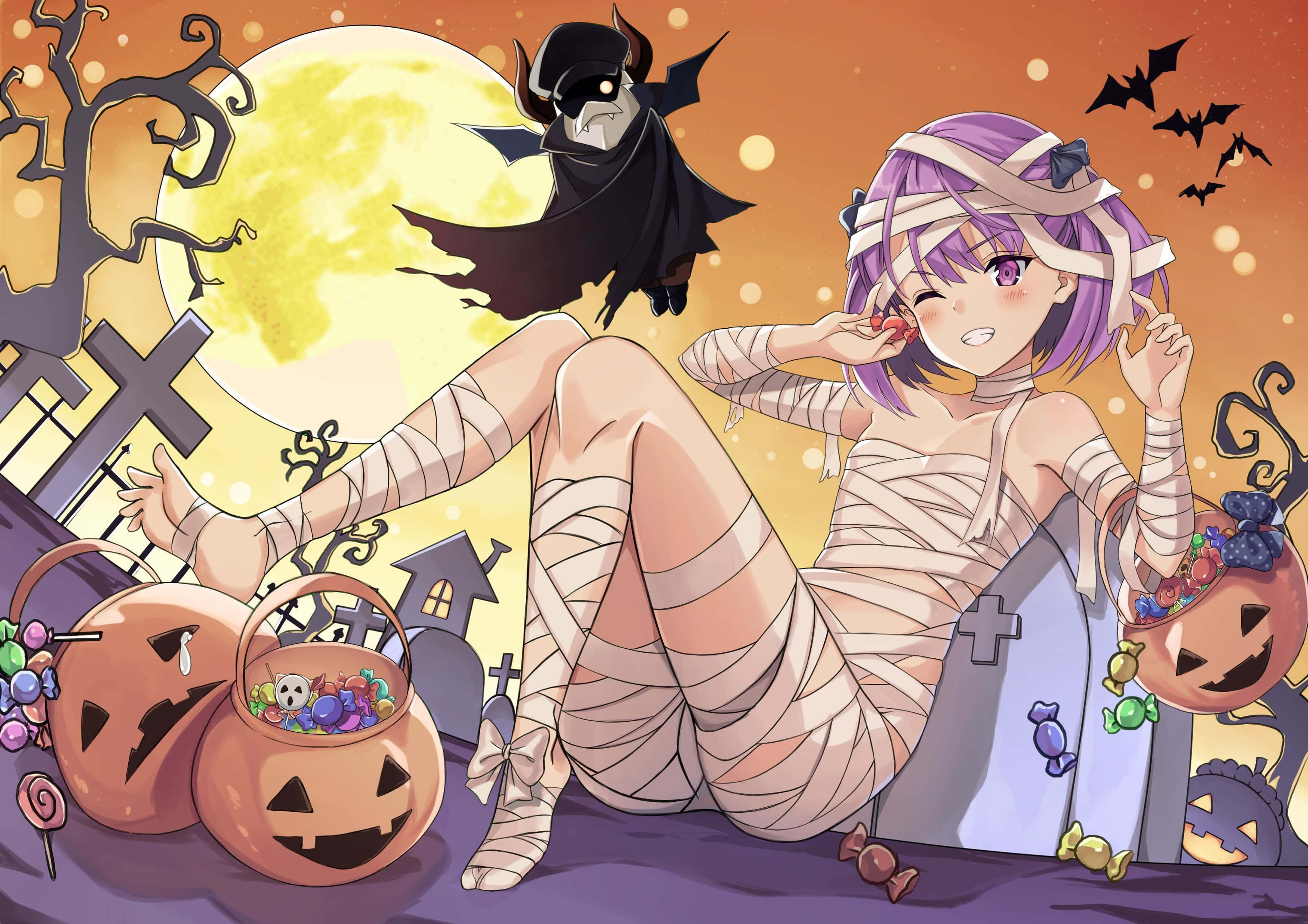 Halloween anime girl, ghostly glow, bandages, 2K Desktop Wallpaper
