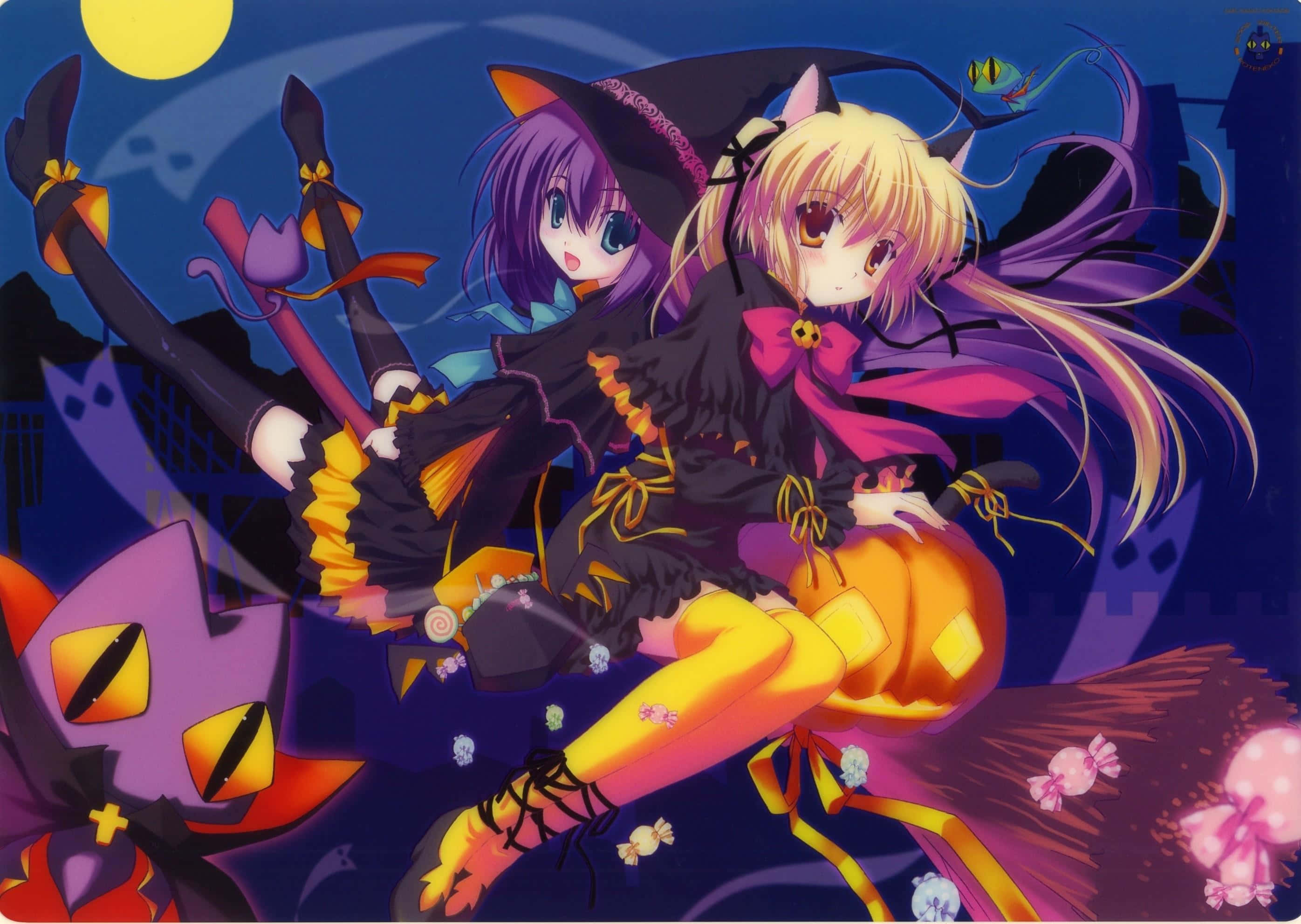 Halloween Anime Girl, ghostly sidekick, broomstick, 2K Desktop Wallpaper
