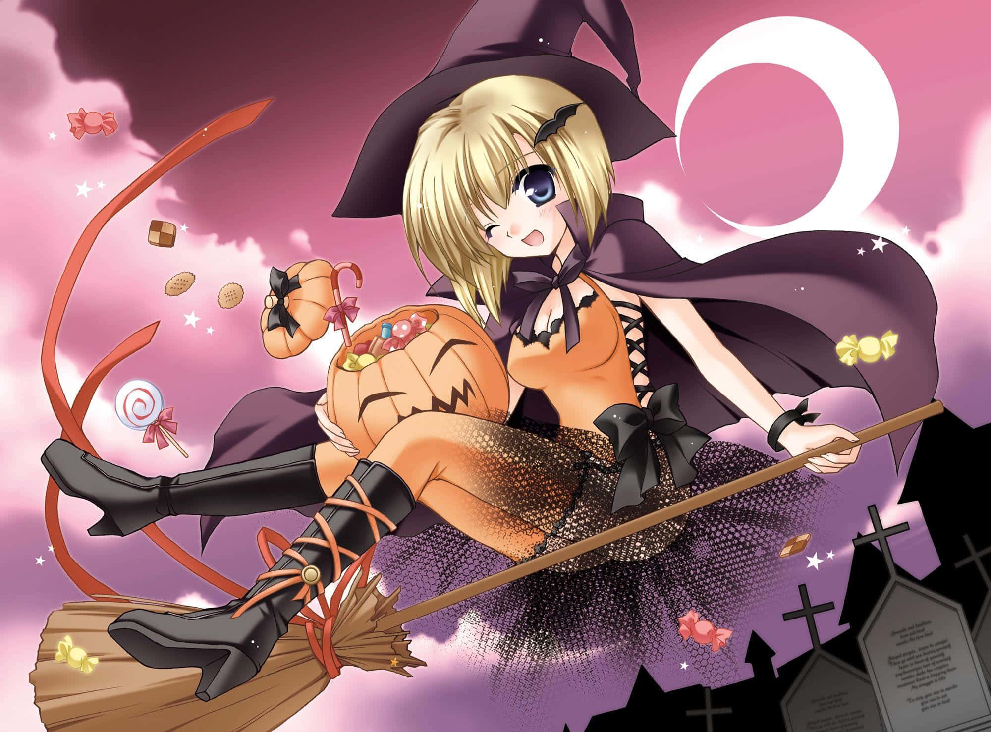 Halloween Anime Girl, blonde hair, broomstick, Full HD Desktop Wallpaper