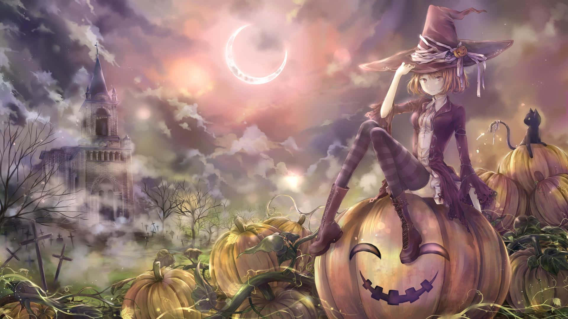 Halloween Anime Girl, witch, purple hat, Full HD Desktop Wallpaper