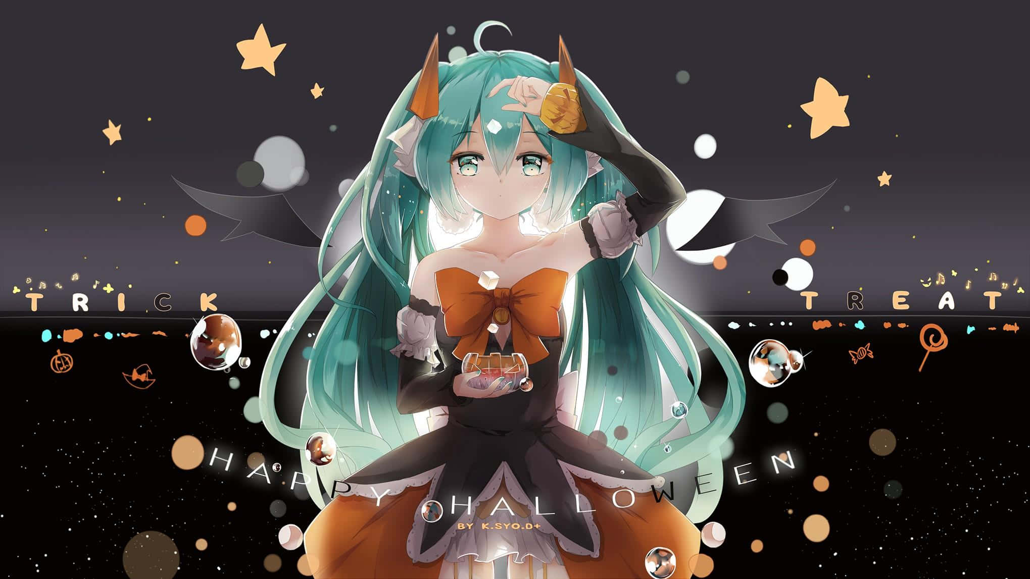 Halloween Anime Girl, teal hair, horns, Full HD Desktop Wallpaper