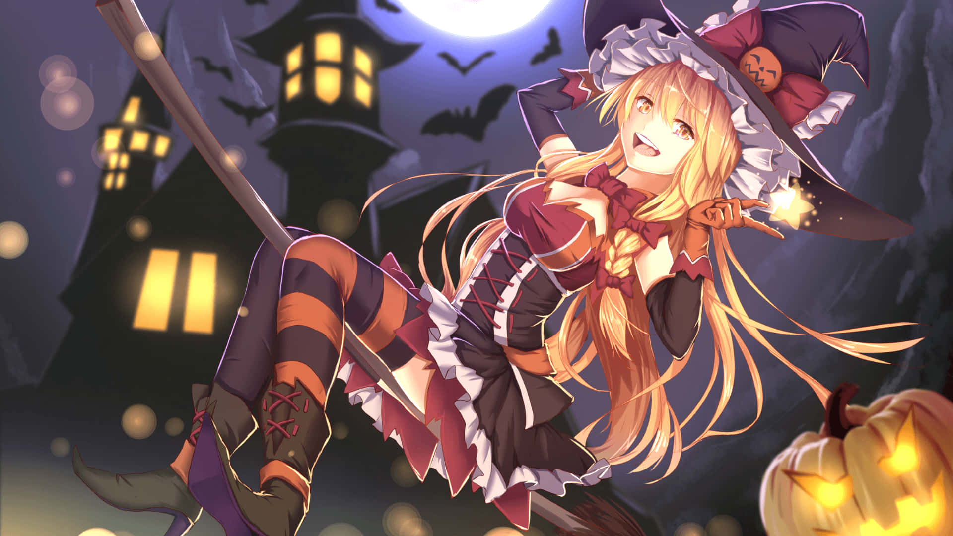 Halloween Anime Girl, anime witch, long blonde hair, Full HD Desktop Wallpaper