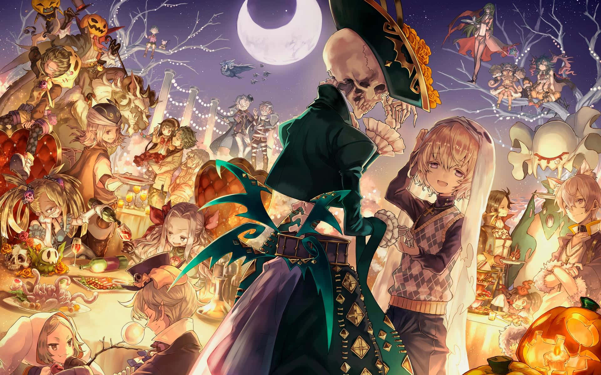 Halloween Anime Girl, crescent moon, skeletons, Full HD Desktop Wallpaper