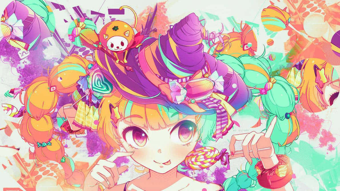 Pastel Halloween Anime Style, rainbow hair, whimsical hat, SD Desktop Wallpaper
