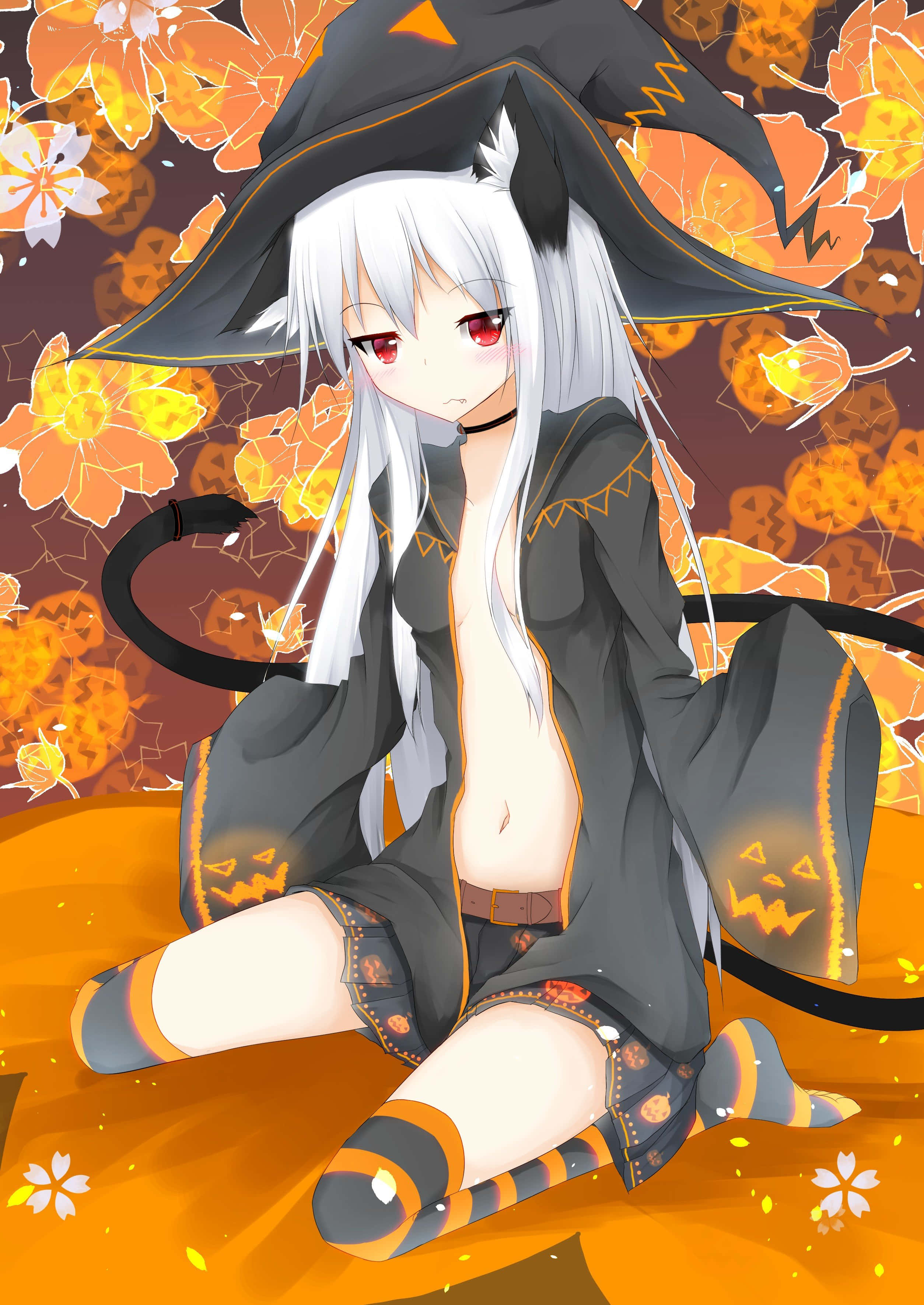 Halloween Anime Girl, white-haired anime witch, red eyes, 2K Phone Wallpaper
