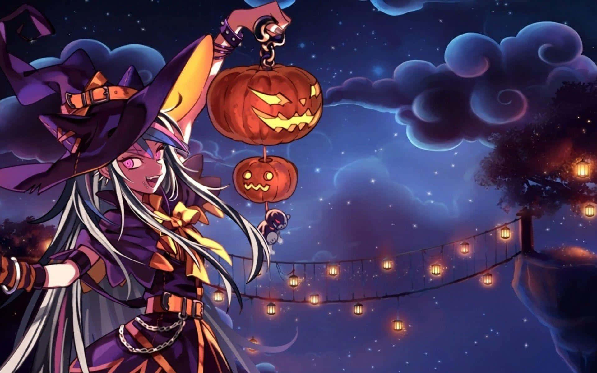 Halloween anime girl, silver hair, glowing jack-o-lanterns, Full HD Desktop Wallpaper